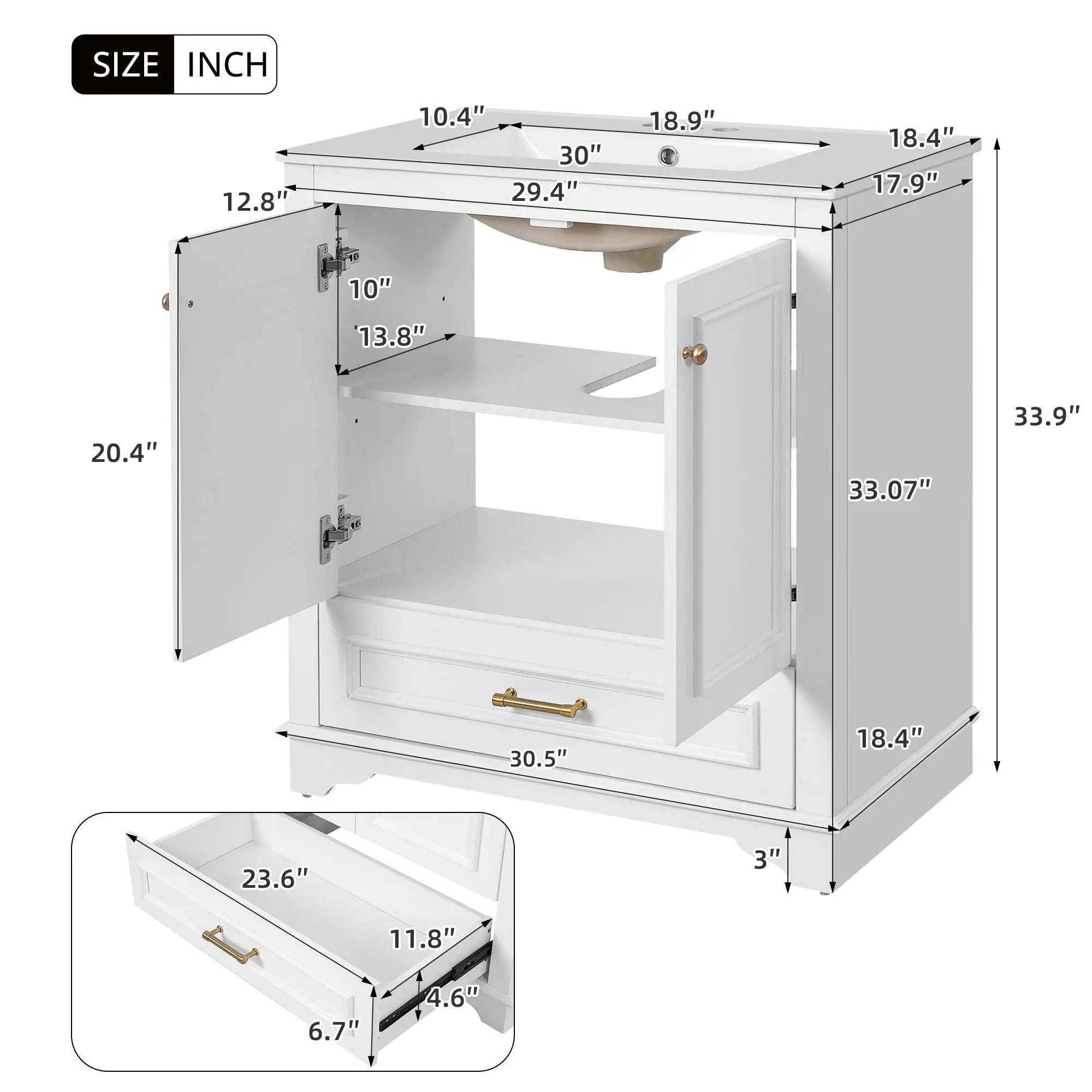 Bathroom Vanity With Sink, Cabinet & 2 Soft Closing Doors & Adjustable Shelf by Unique Piece Furniture
