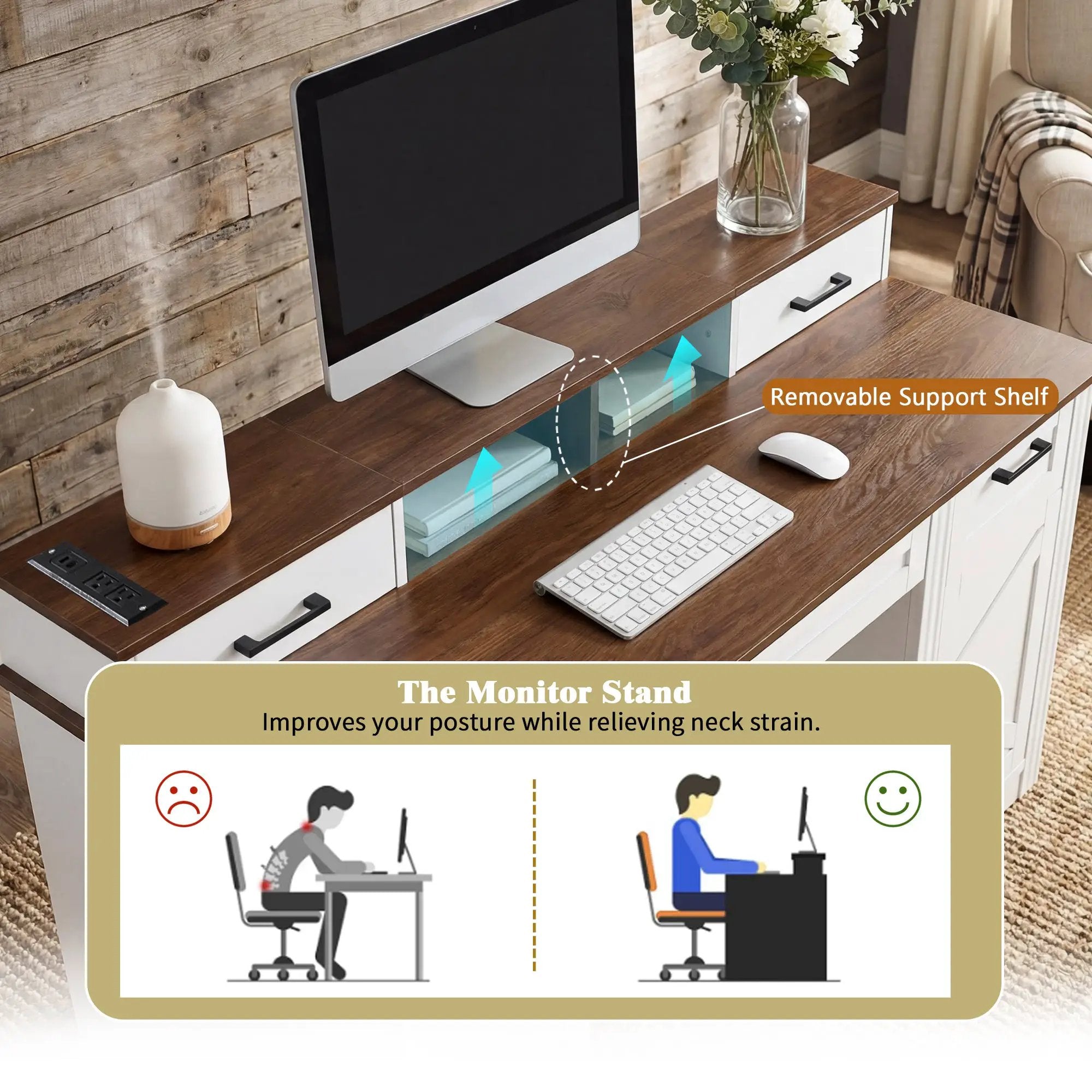 55" Farmhouse Office Desk with Storage Cabinet & Charging Station by HouseOfZazla