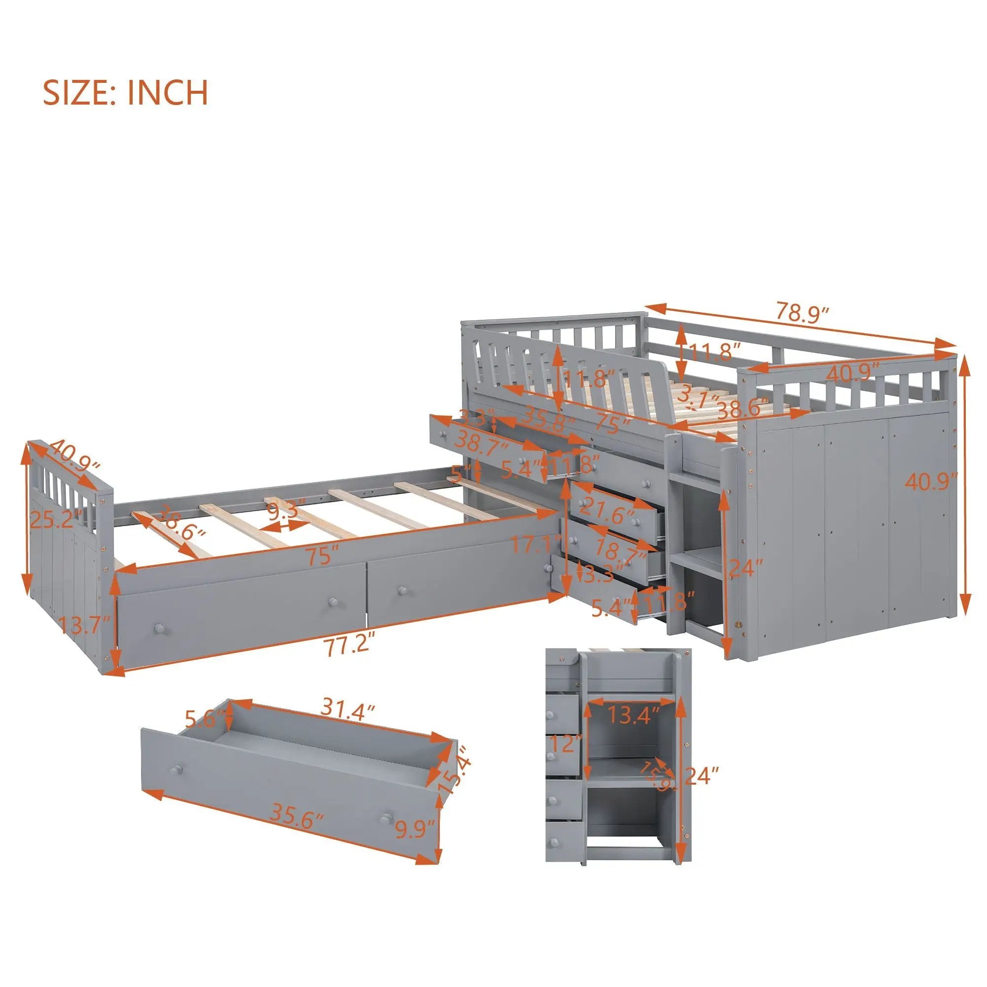 Loft Platform Bed With 7 Drawers And Full Guardrails, Modern L Shaped Space Savin by HouseOfZazla