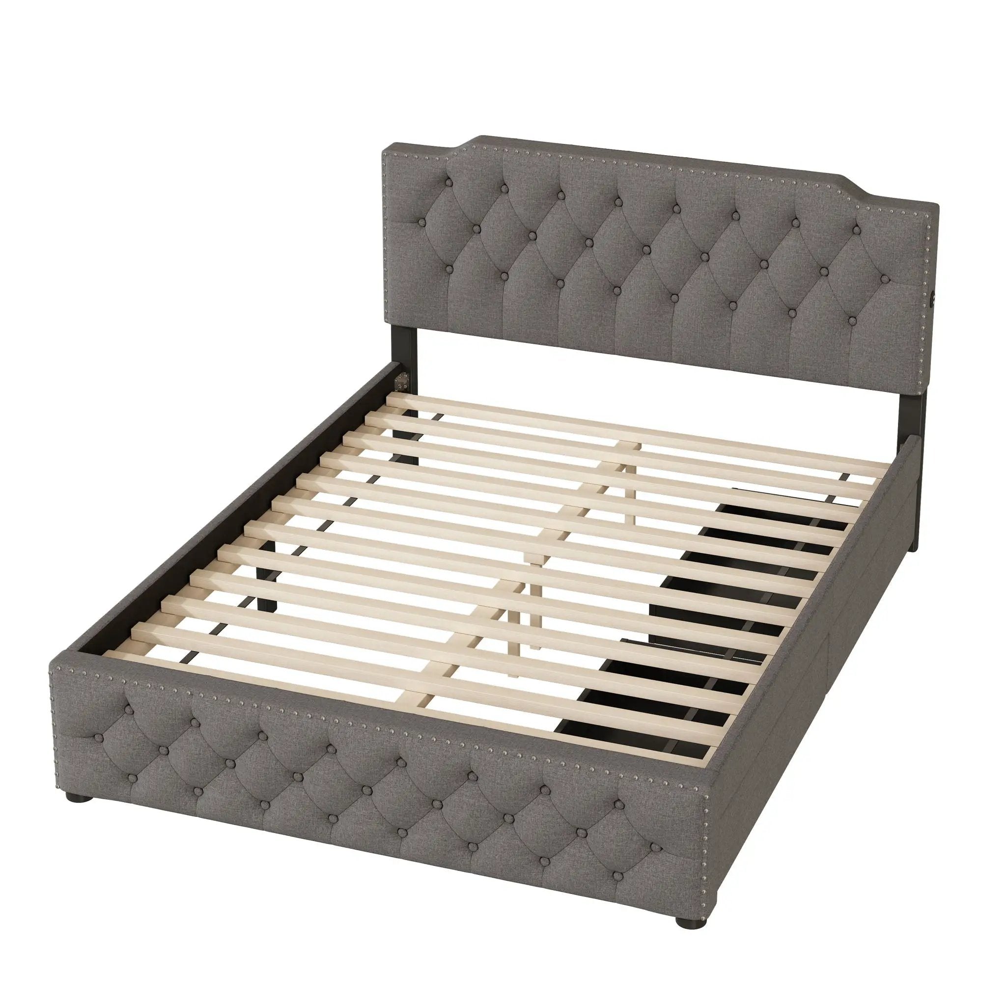 Upholstered Platform Bed With 2 Drawers And 2 Sets Of USB Ports On Each Side, Fabric by HouseOfZazla
