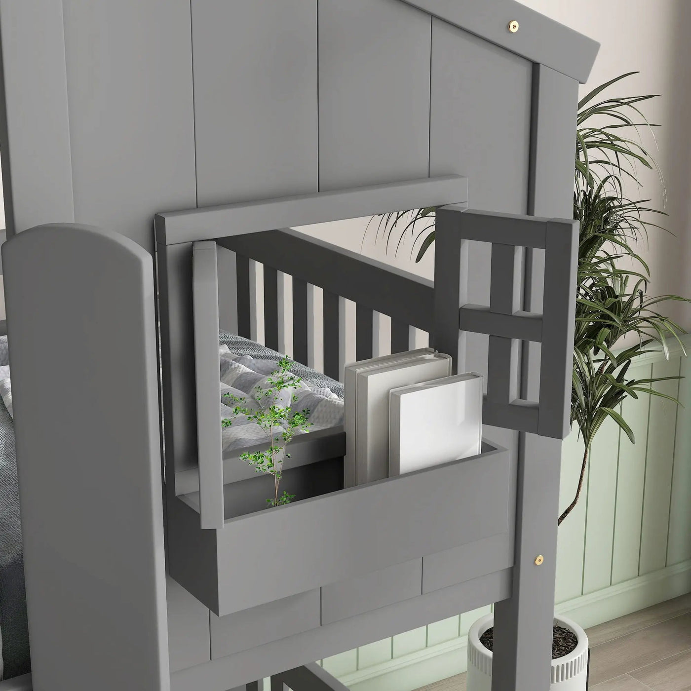House Bunk Bed With Roof, Window, Window Box, Door, With Safety Guardrails And Ladder by HouseOfZazla