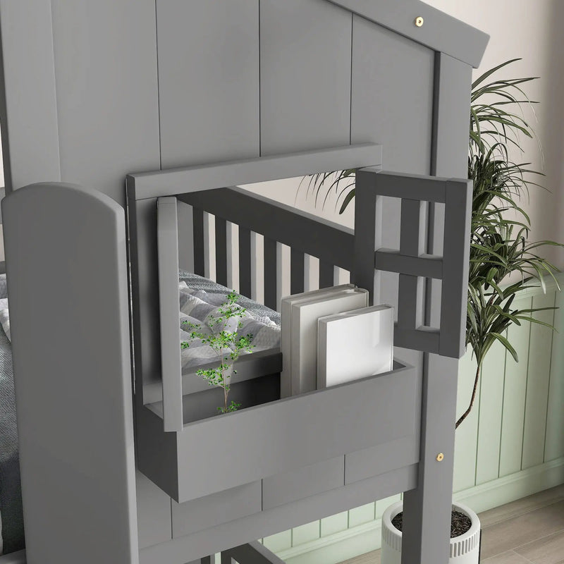 House Bunk Bed With Roof, Window, Window Box, Door, With Safety Guardrails And Ladder by HouseOfZazla