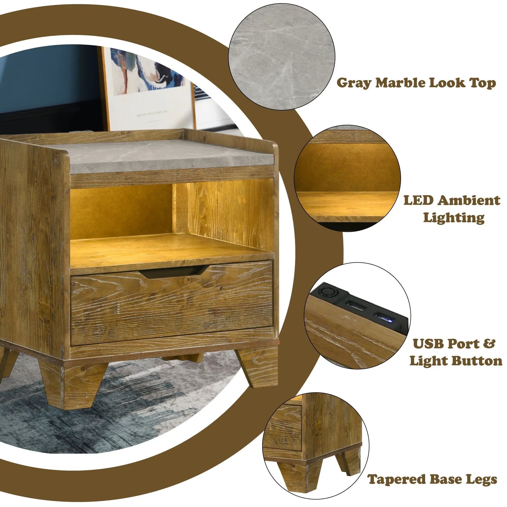 Garcia - Nightstand With LED And USB Port - Light Brown by HouseOfZazla