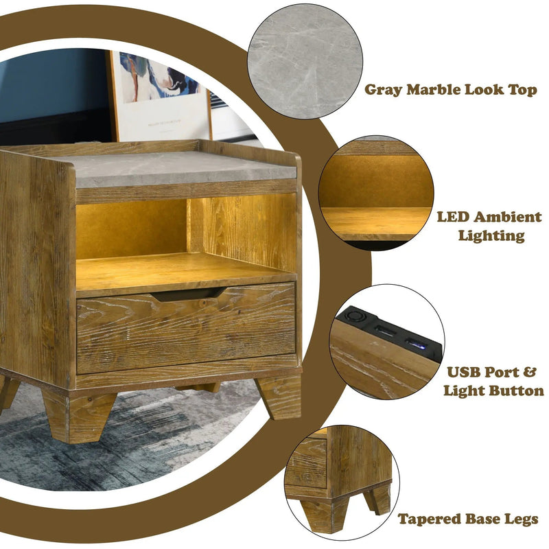 Garcia - Nightstand With LED And USB Port - Light Brown by HouseOfZazla