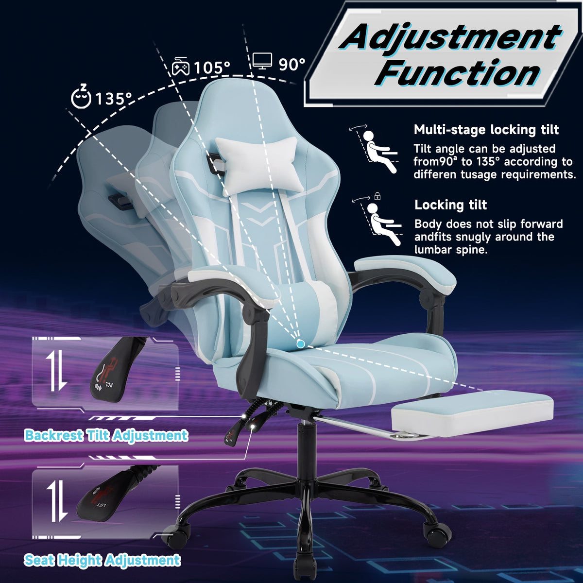Ergonomic Gaming Chair with Footrest and Lumbar Support - Blue White, photo 3 of 10