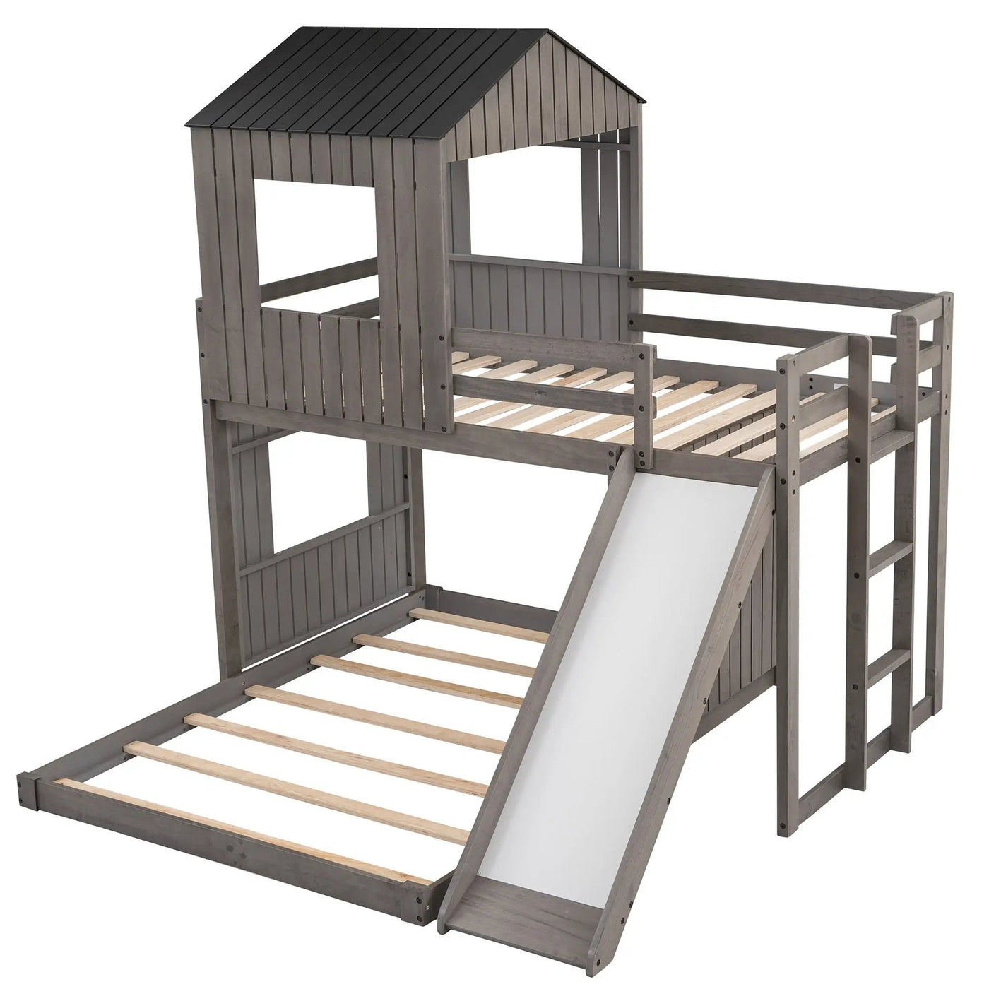 Loft Bunk Bed With Playhouse, Farmhouse, Ladder, Slide And Guardrails by HouseOfZazla
