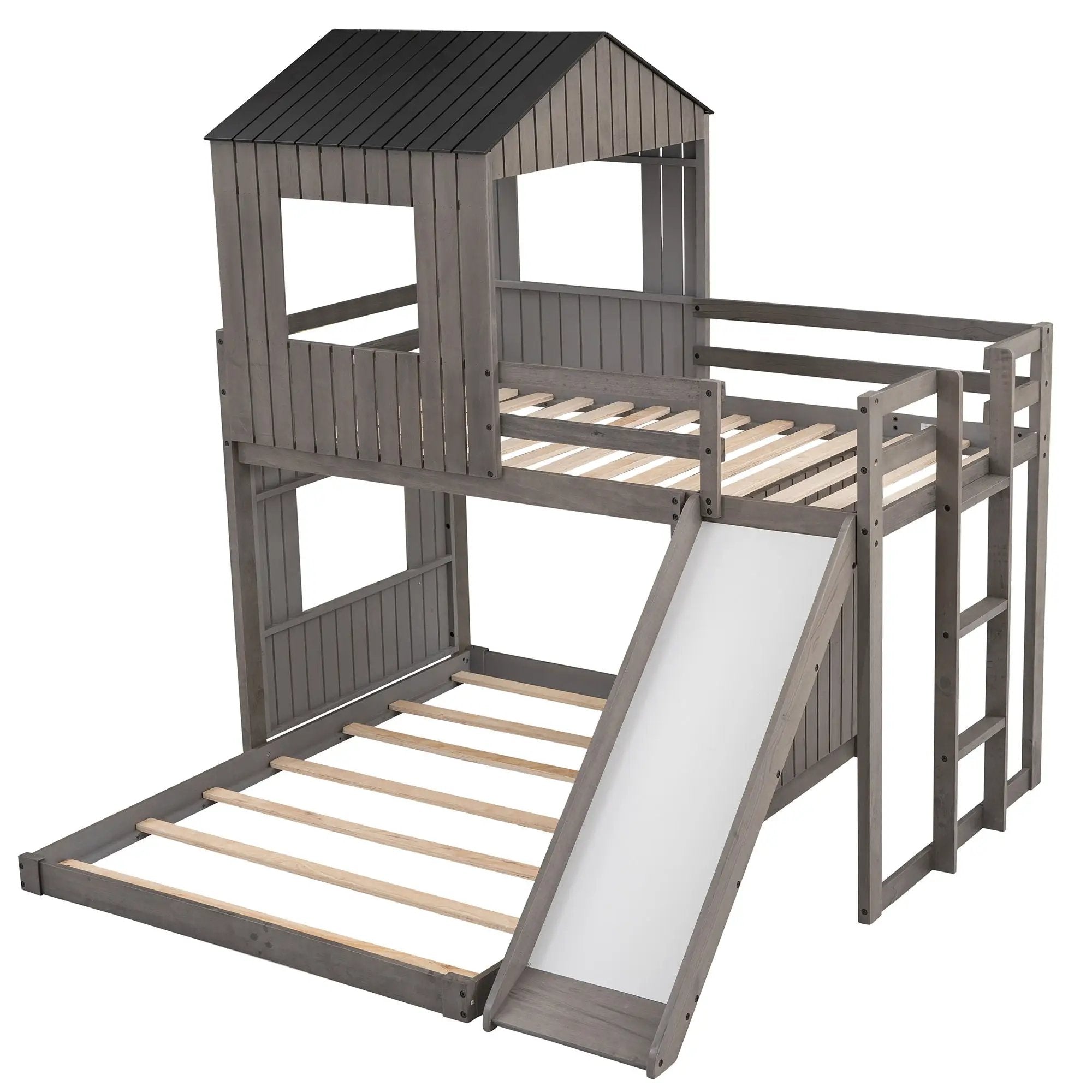 Loft Bunk Bed With Playhouse, Farmhouse, Ladder, Slide And Guardrails by Unique Piece Furniture