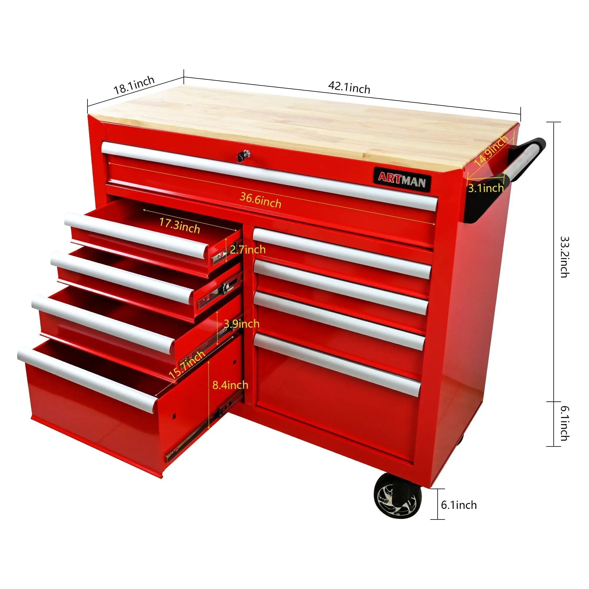 9 Drawer Multifunctional Steel Tool Cart With Wheels And Wooden Top by HouseOfZazla