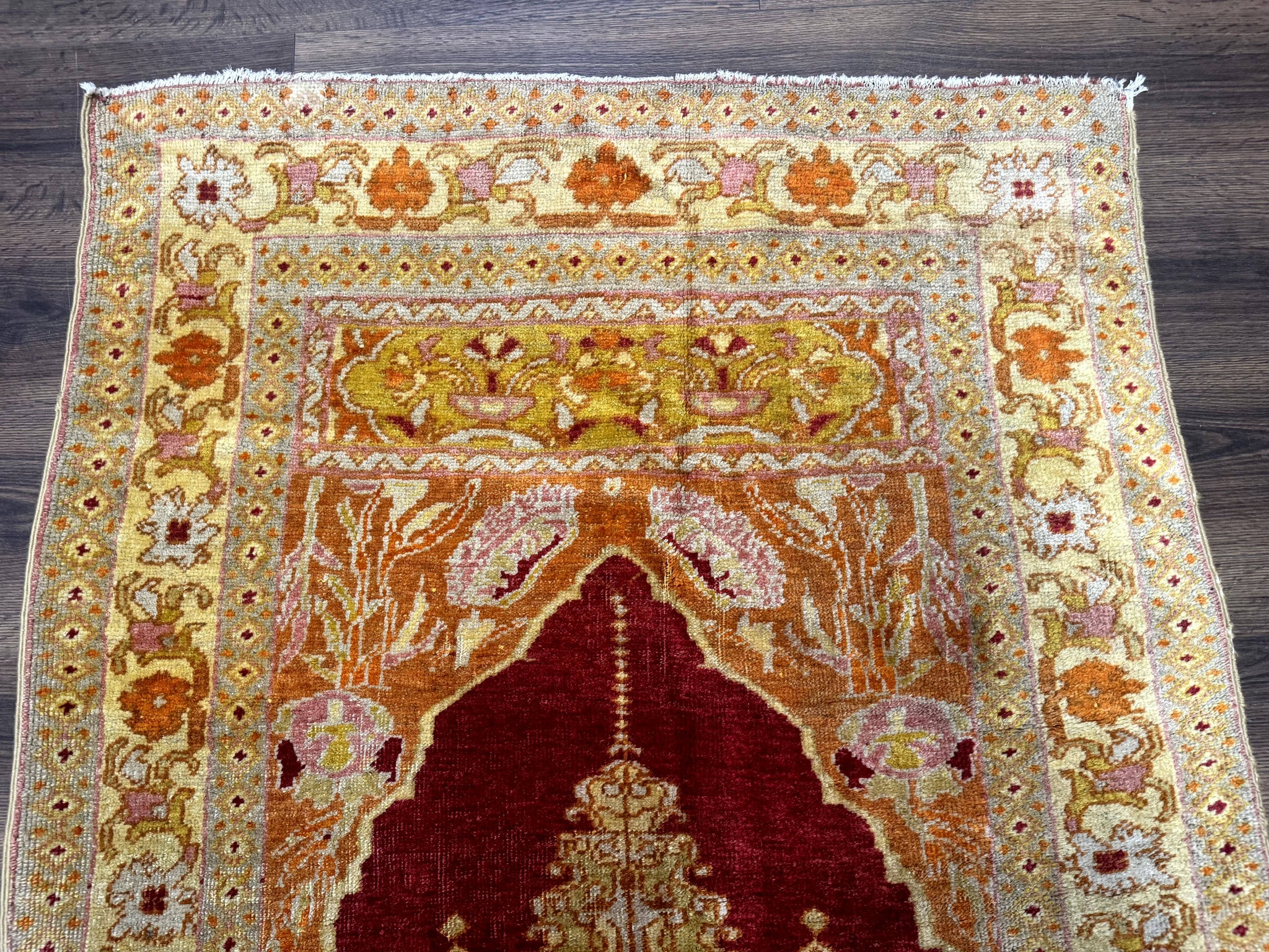 Antique Turkish Prayer Rug 4x6, Red and Golden Mustard, Mihrab Design, Anatolian Carpet by Jewel Rugs