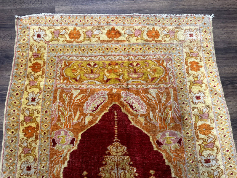 Antique Turkish Prayer Rug 4x6, Red and Golden Mustard, Mihrab Design, Anatolian Carpet by Jewel Rugs