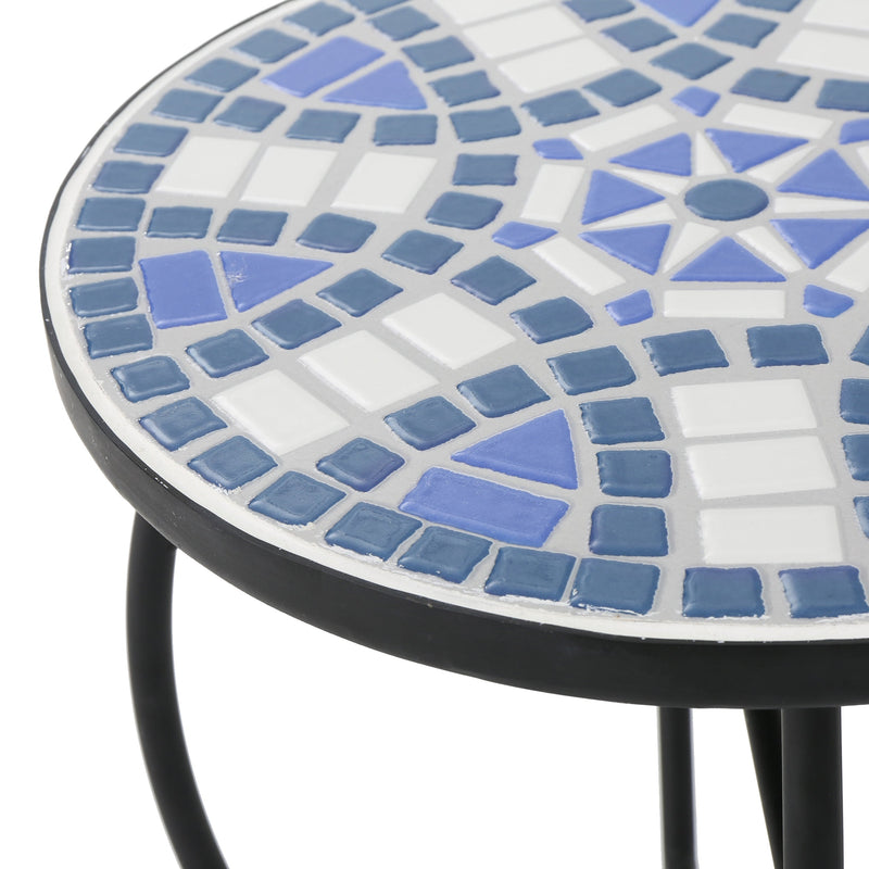 Outdoor Round Side Table with Mosaic-Style Top - White+Blue, photo 9 of 10