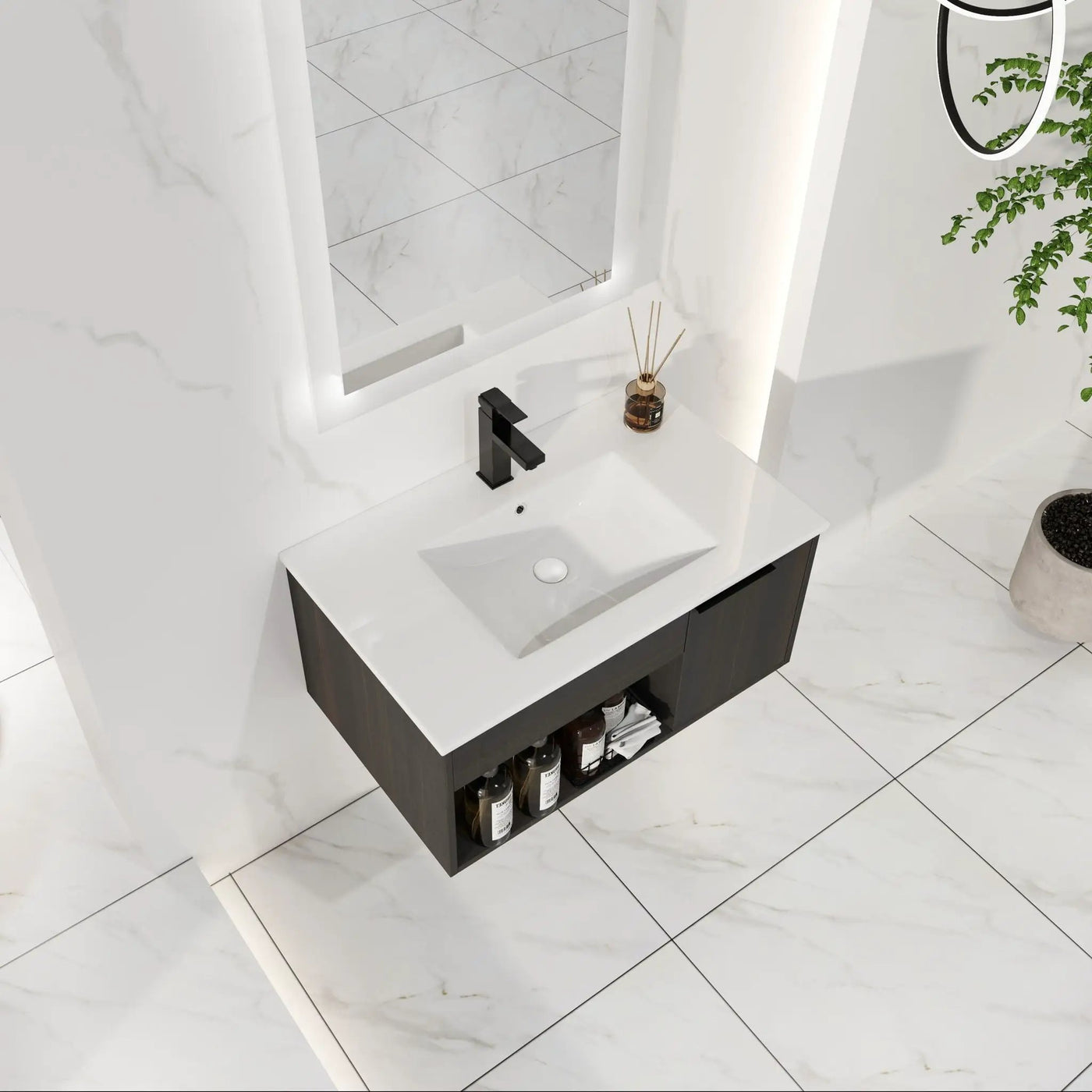 Wall Mounted Floating Bathroom Vanity With Open Shelf & Soft Close Door by HouseOfZazla