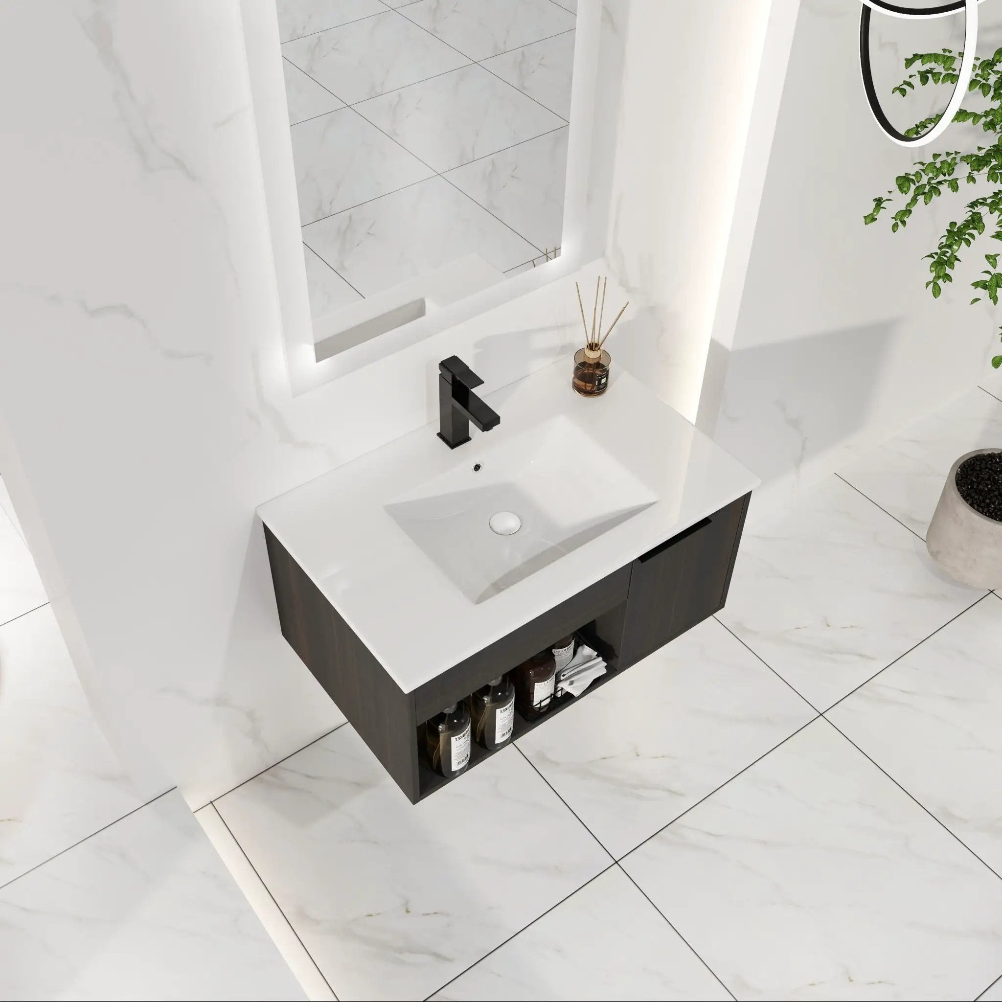 Wall Mounted Floating Bathroom Vanity With Open Shelf & Soft Close Door