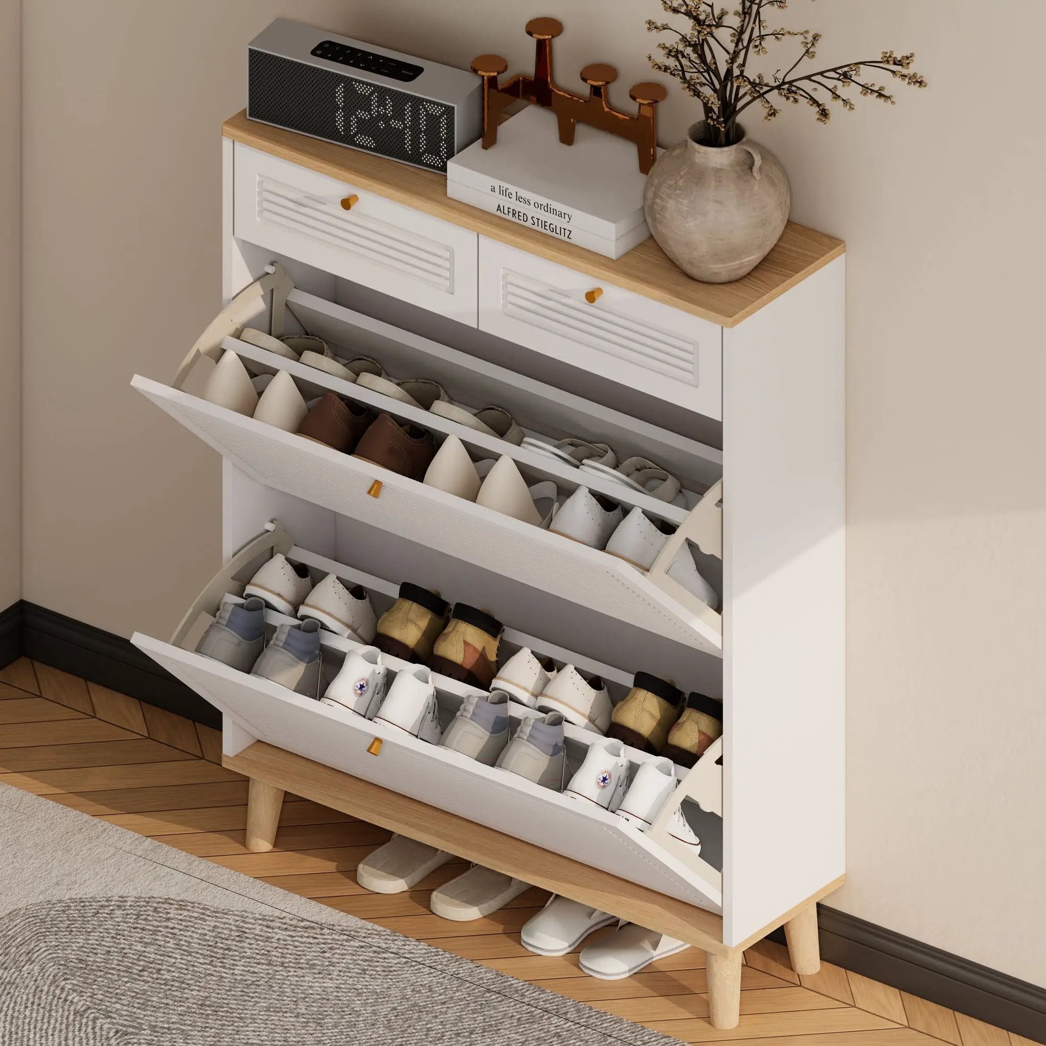 Modern Freestanding Shoe Cabinet With Flip Up Doors And Drawers, Compact Design For Entryway - White Natural by Unique Piece Furniture