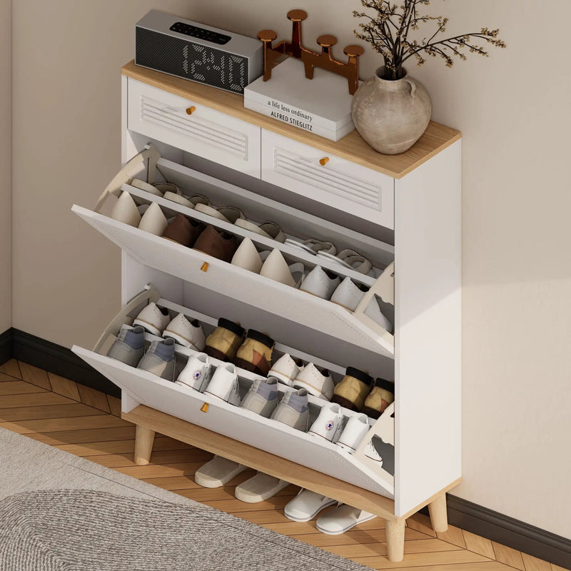 Modern Freestanding Shoe Cabinet With Flip Up Doors And Drawers, Compact Design For Entryway - White Natural by Unique Piece Furniture