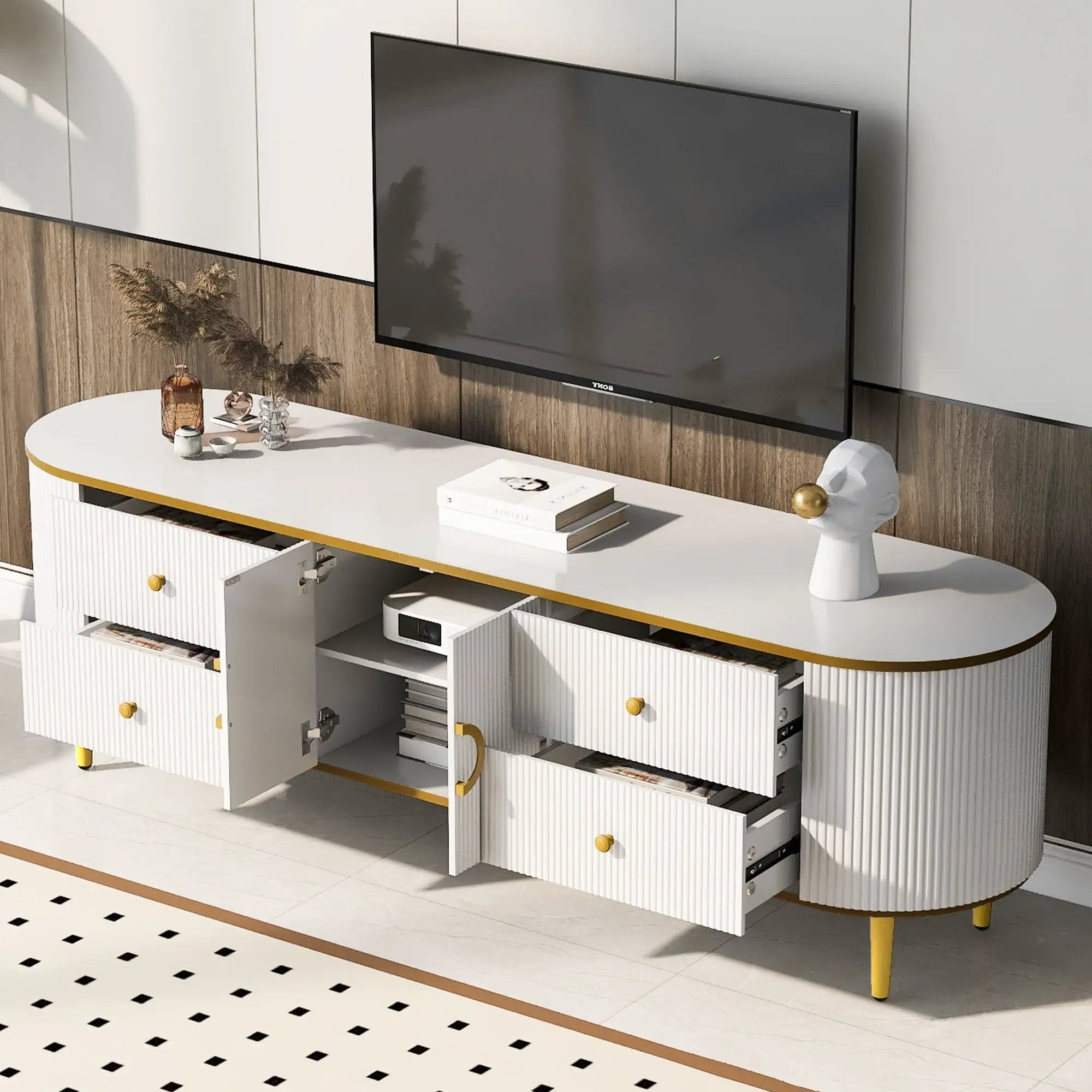 Modern TV Stand For TVs Up To 80", Entertainment Center With 4 Drawers And 1 Cabinet, Wood TV Console Table With And Handles For Living Room - White by HouseOfZazla