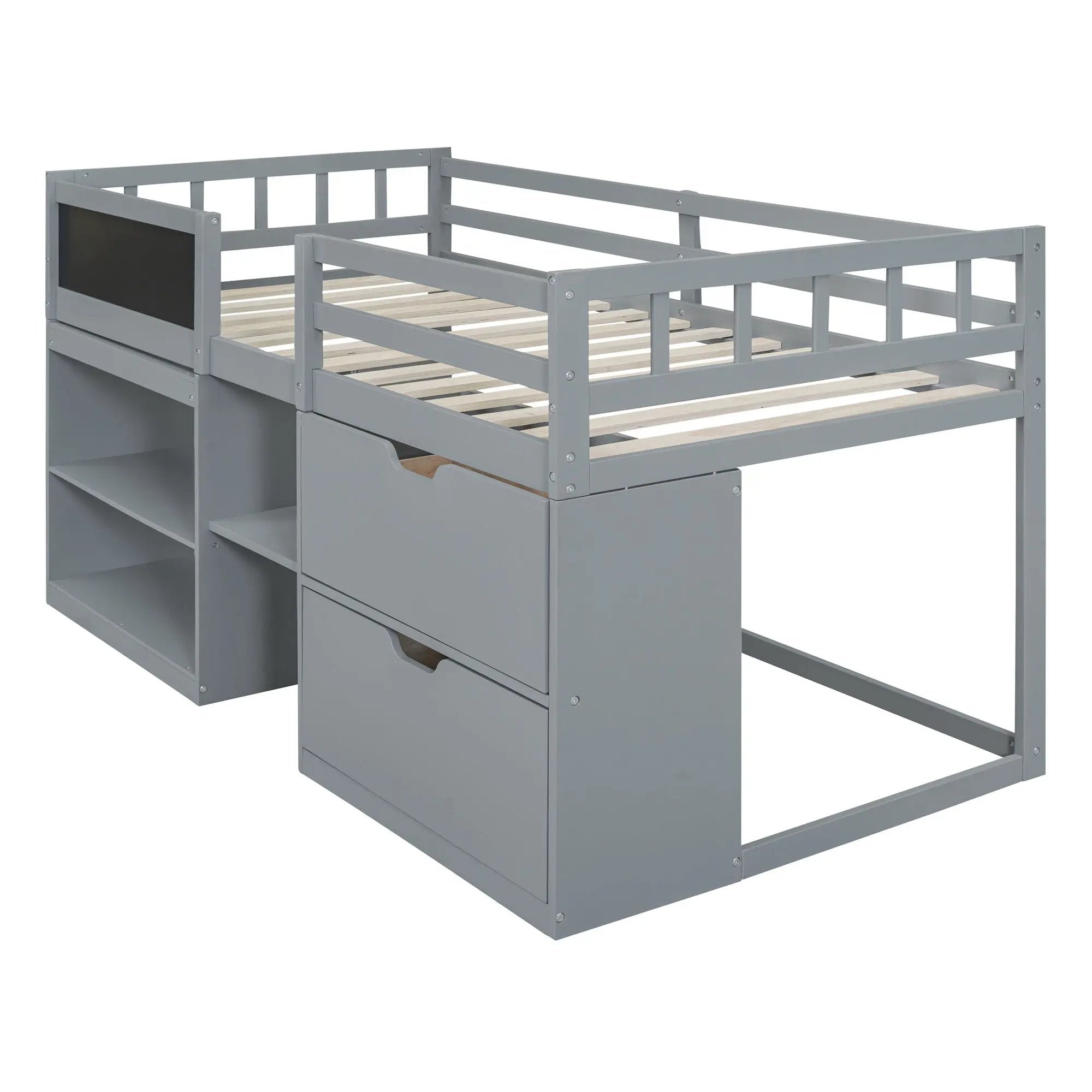 Low Loft Bed With Rolling Desk, Shelf And Drawers by HouseOfZazla