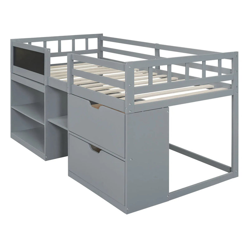 Low Loft Bed With Rolling Desk, Shelf And Drawers by HouseOfZazla