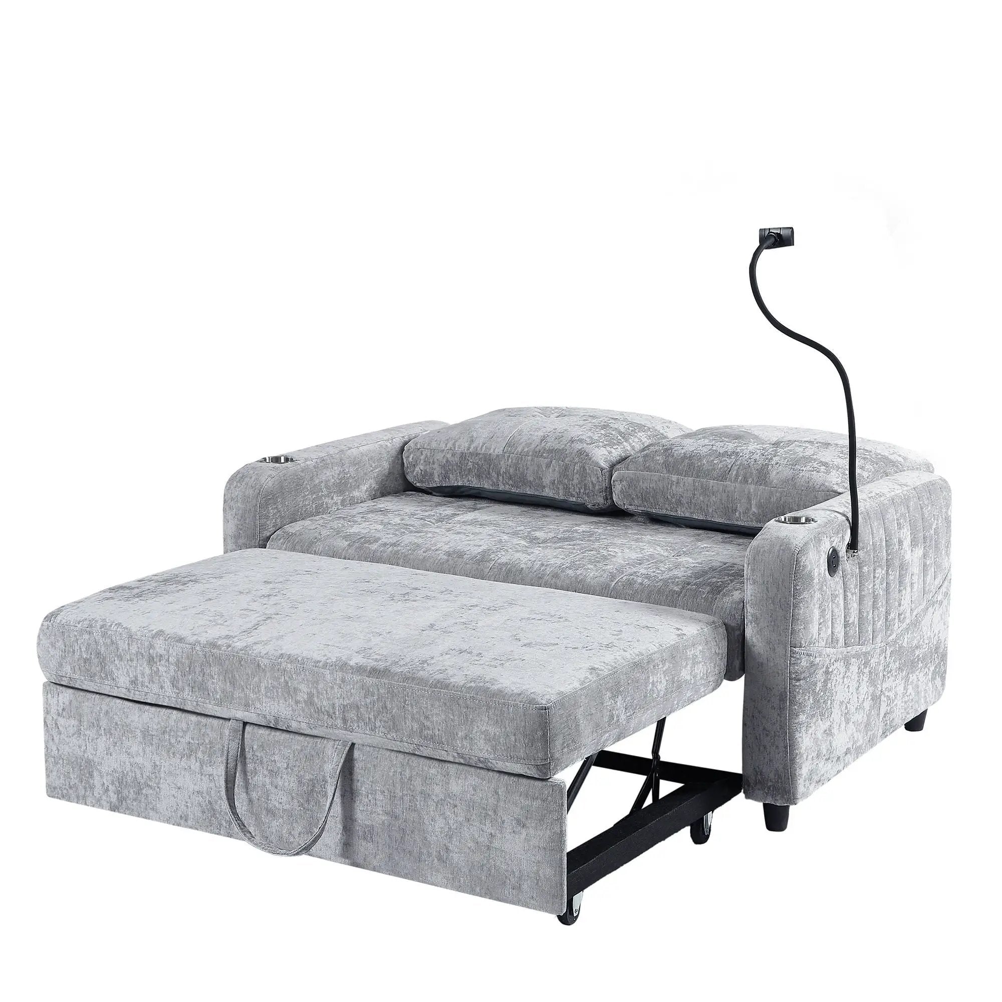 Modern Loveseat Pull Out Sofa Bed With Adjustable Backrest, Two Cup Holders, A Phone Holder, Three Charging Ports And Side Storage Pockets For Living Room by HouseOfZazla