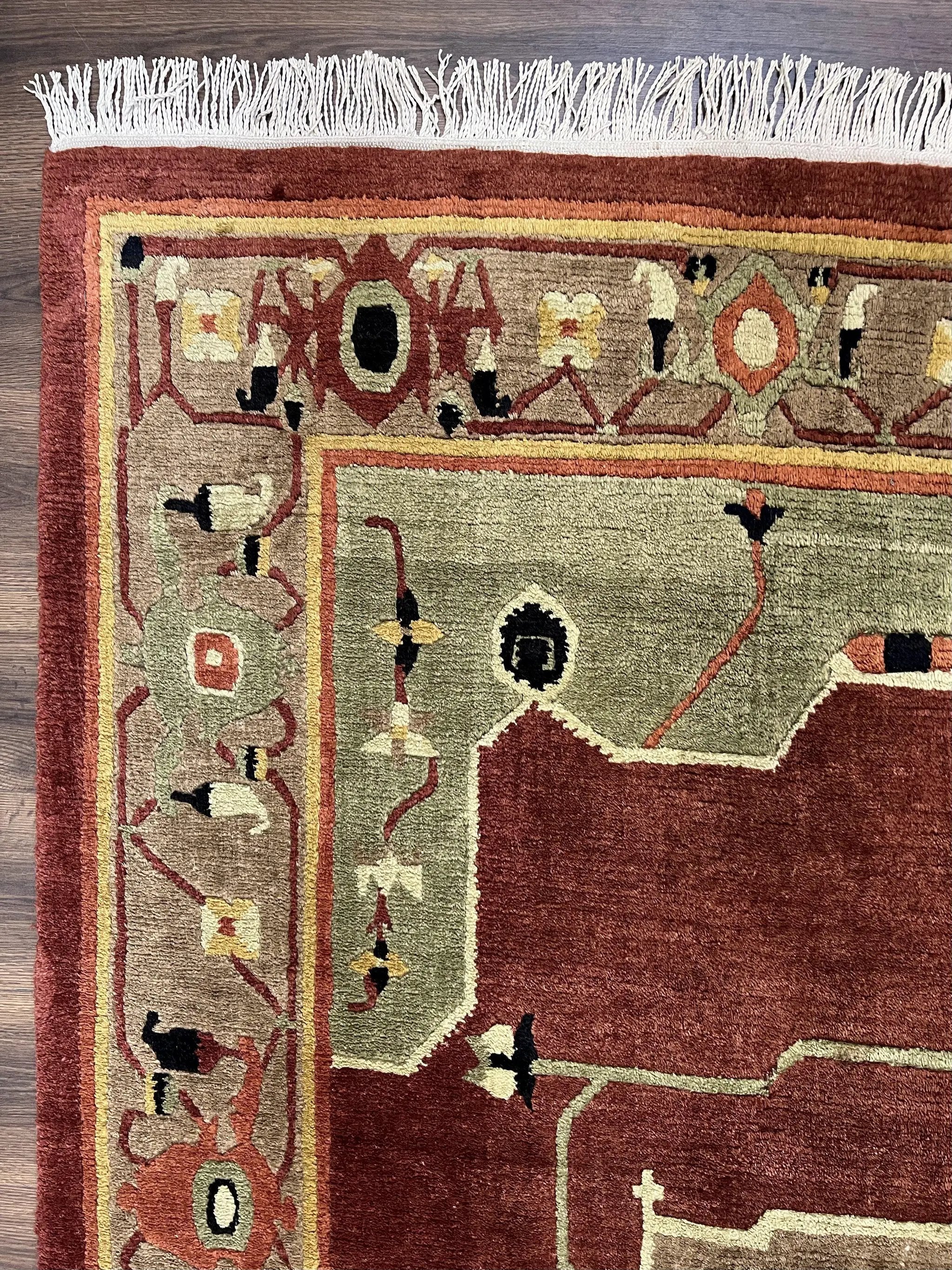 Tibetan Rug 7x10, Geometric Medallion, Red Green Taupe, Hand Knotted, Soft Wool Area Rug, Contemporary Carpet, Handmade Nepali Rug 7 x 10 ft by Jewel Rugs