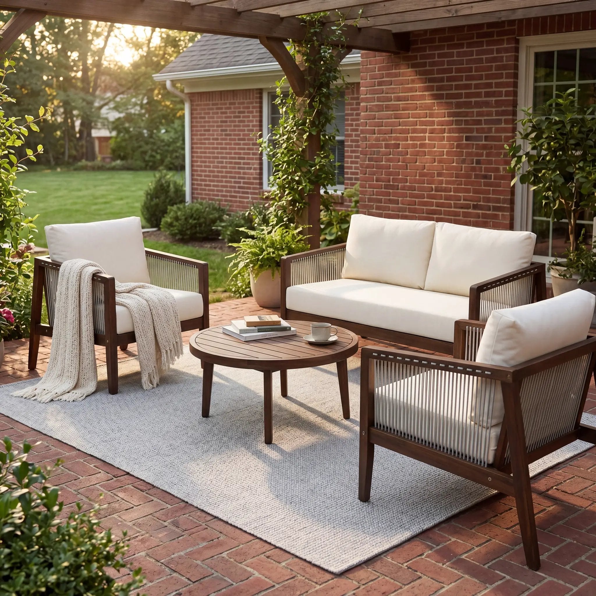 Outdoor 4-Piece Sofa Set, Acacia Wood Frame with Rope Detail by HouseOfZazla