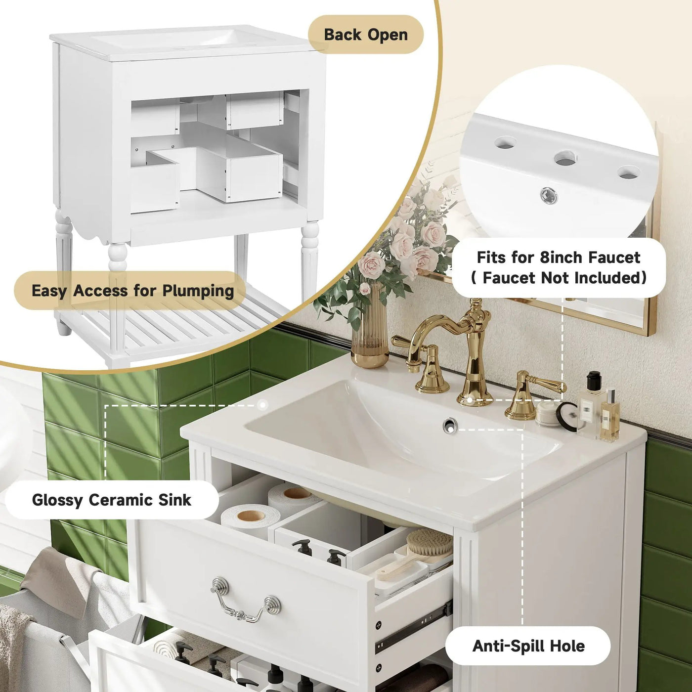 Wave Design Bathroom Vanity With Sink, 2 Drawers And Open Shelf by HouseOfZazla