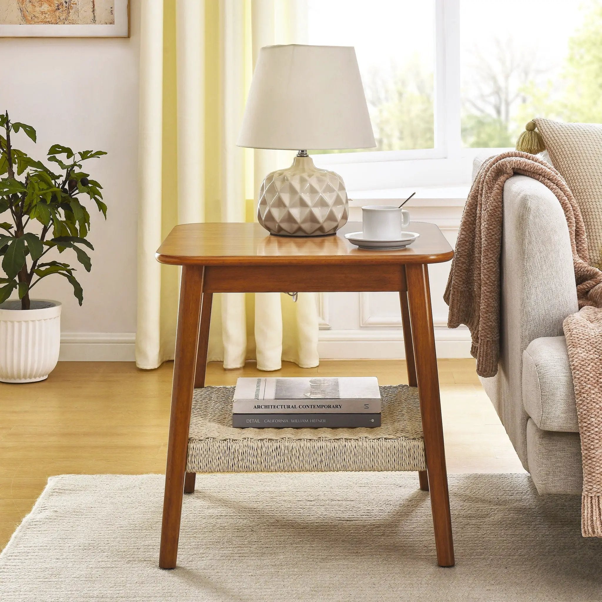 Mid - Century Square Side Table With Woven Shelf - Walnut by Unique Piece Furniture