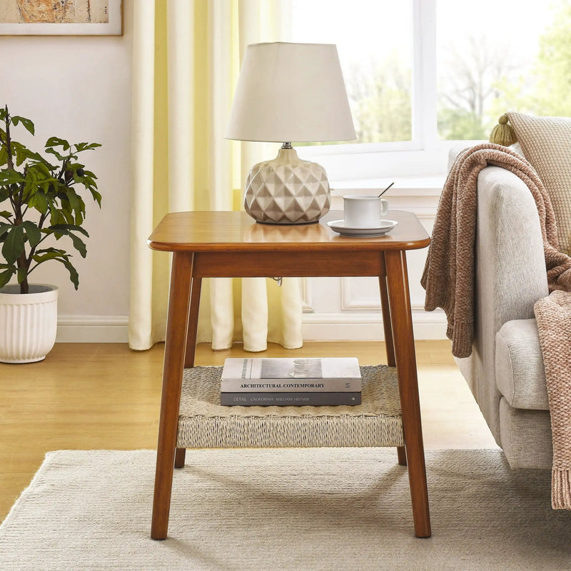 Mid - Century Square Side Table With Woven Shelf - Walnut by HouseOfZazla