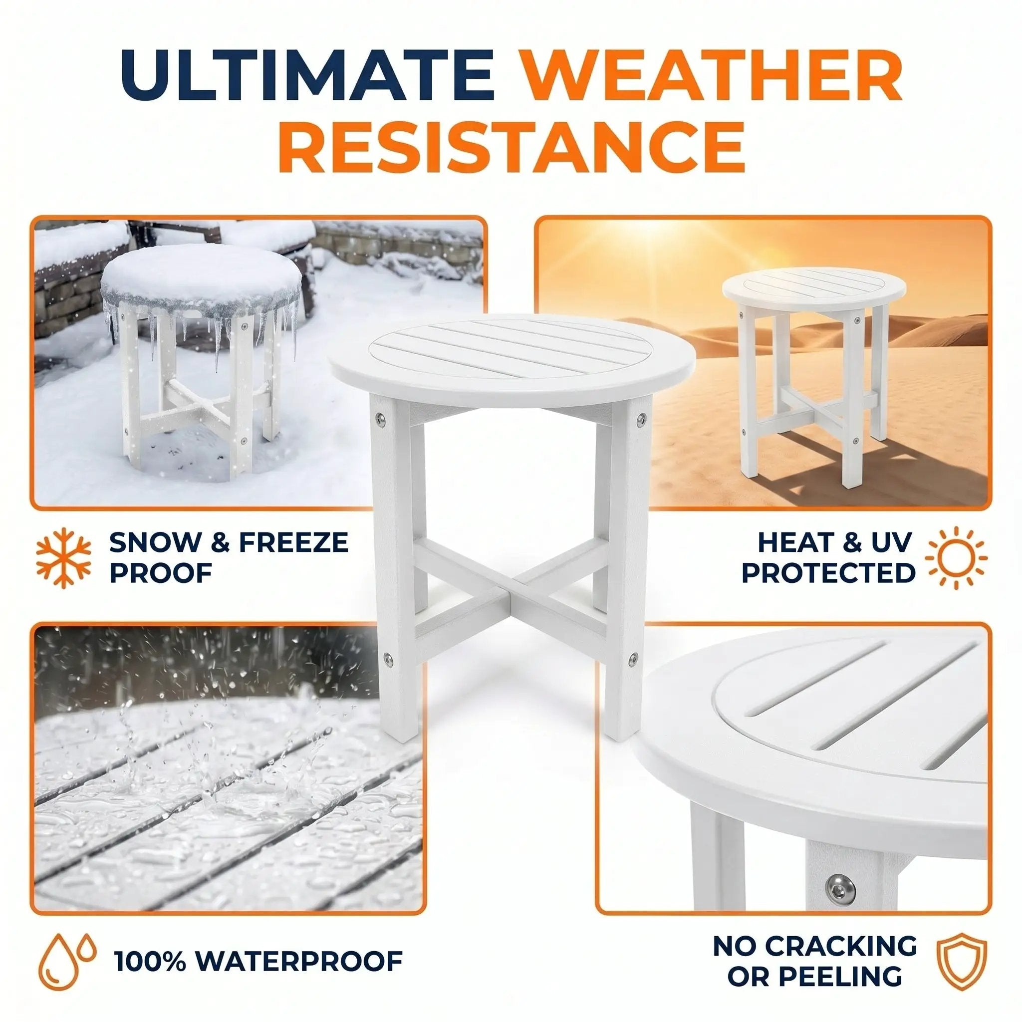 White HDPE Outdoor Side Table, 16 in. Round All-Weather Patio End Table by HouseOfZazla