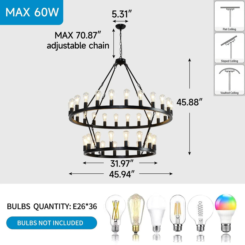 47.24 Inch Matte Black Wagon Wheel Chandelier with 36 Lights by HouseOfZazla