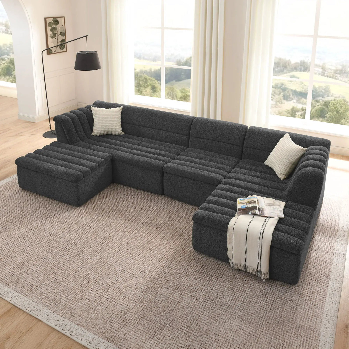 U-Shaped Modular Sectional Sofa With Chaise And Movable Ottoman With Wave-Shaped Armrest by Unique Piece Furniture