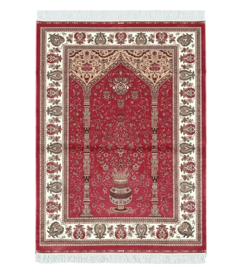 4 x 6 Silk Carpet Red, Traditional Oriental Rug 4x6, Flower Vase Columns, Turkish Rug New, High Quality, Bamboo Silk, Area Rug by Jewel Rugs