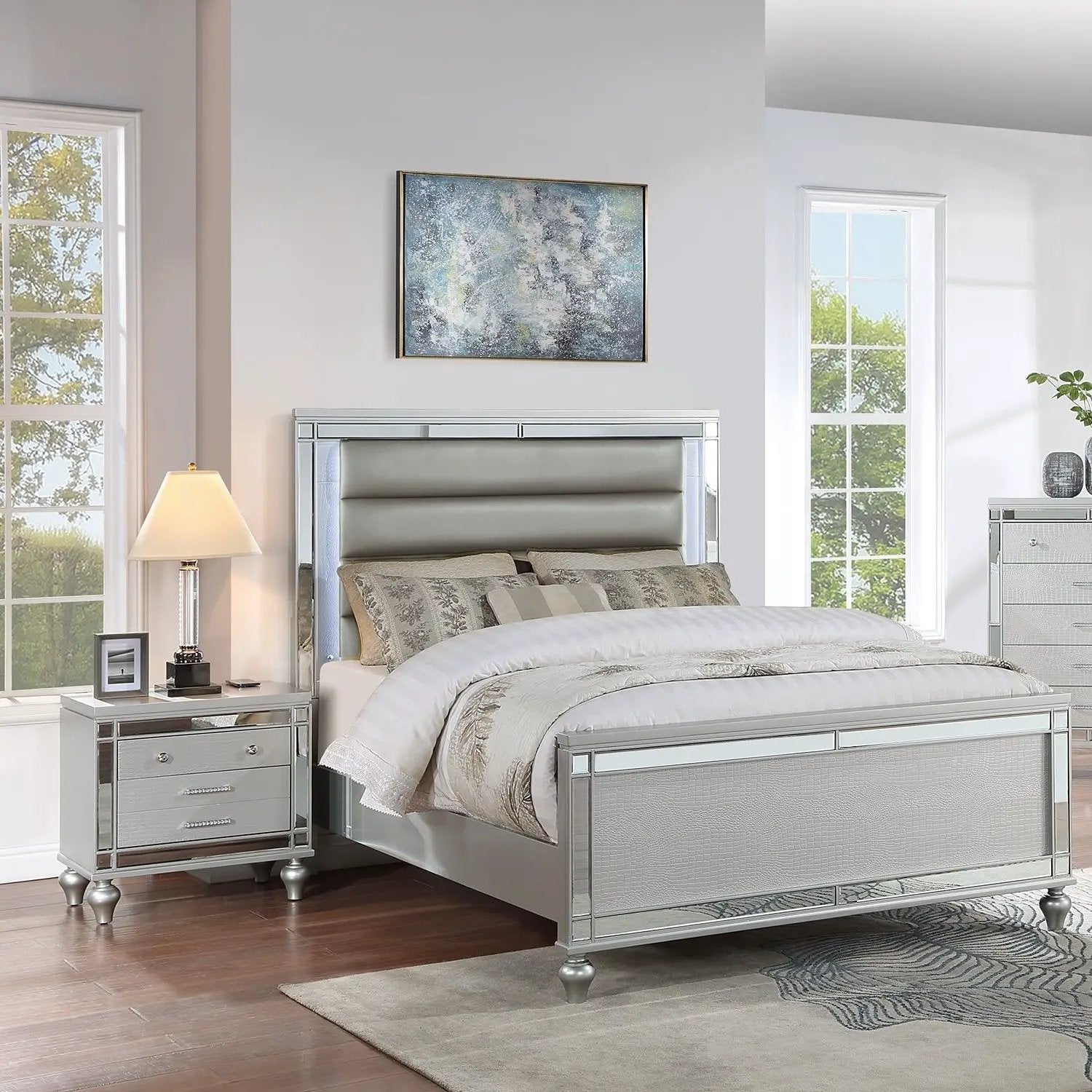 Modern Bed With LED Lights And Glass Panels, 2 Nightstands by HouseOfZazla