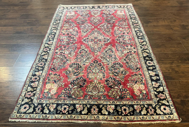 Antique Persian Sarouk Rug 4x7, Floral, Red 1920s Persian Wool Carpet by Jewel Rugs