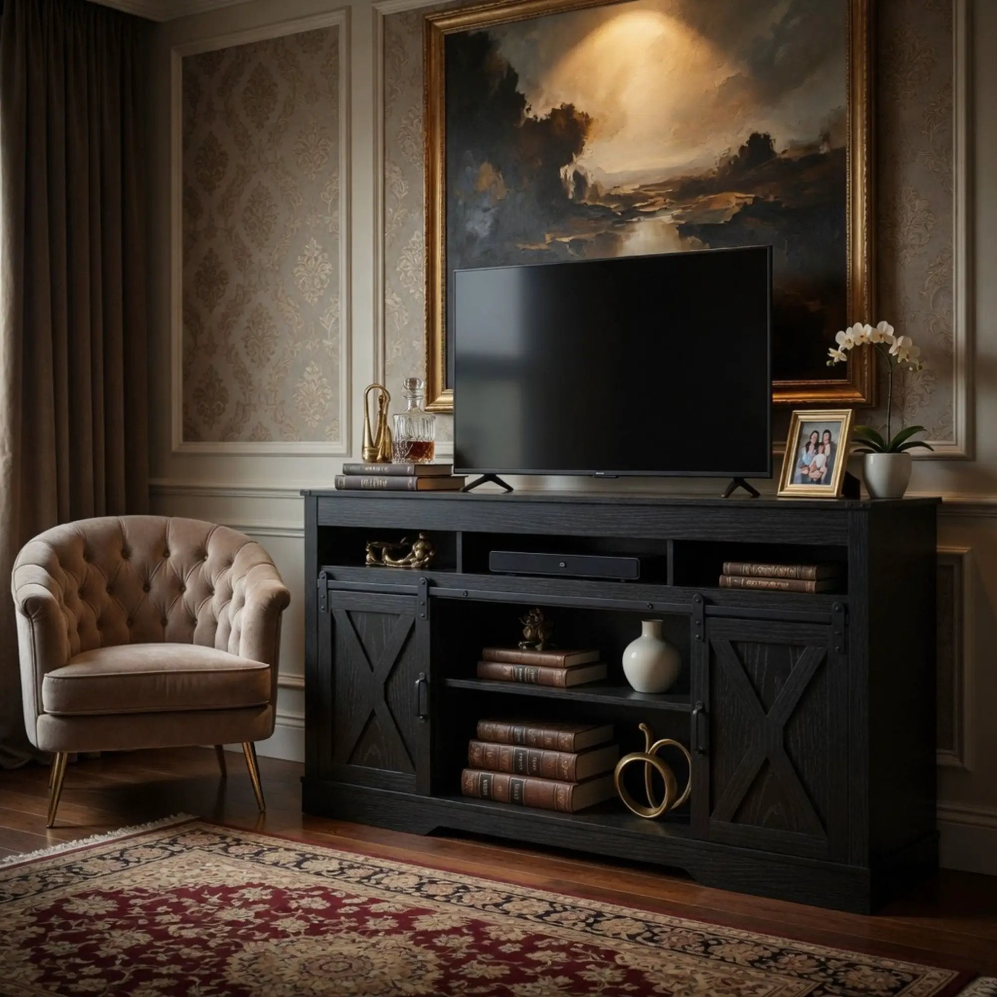 Farmhouse TV Stand With Sliding Barn Doors & Adjustable Storage by HouseOfZazla
