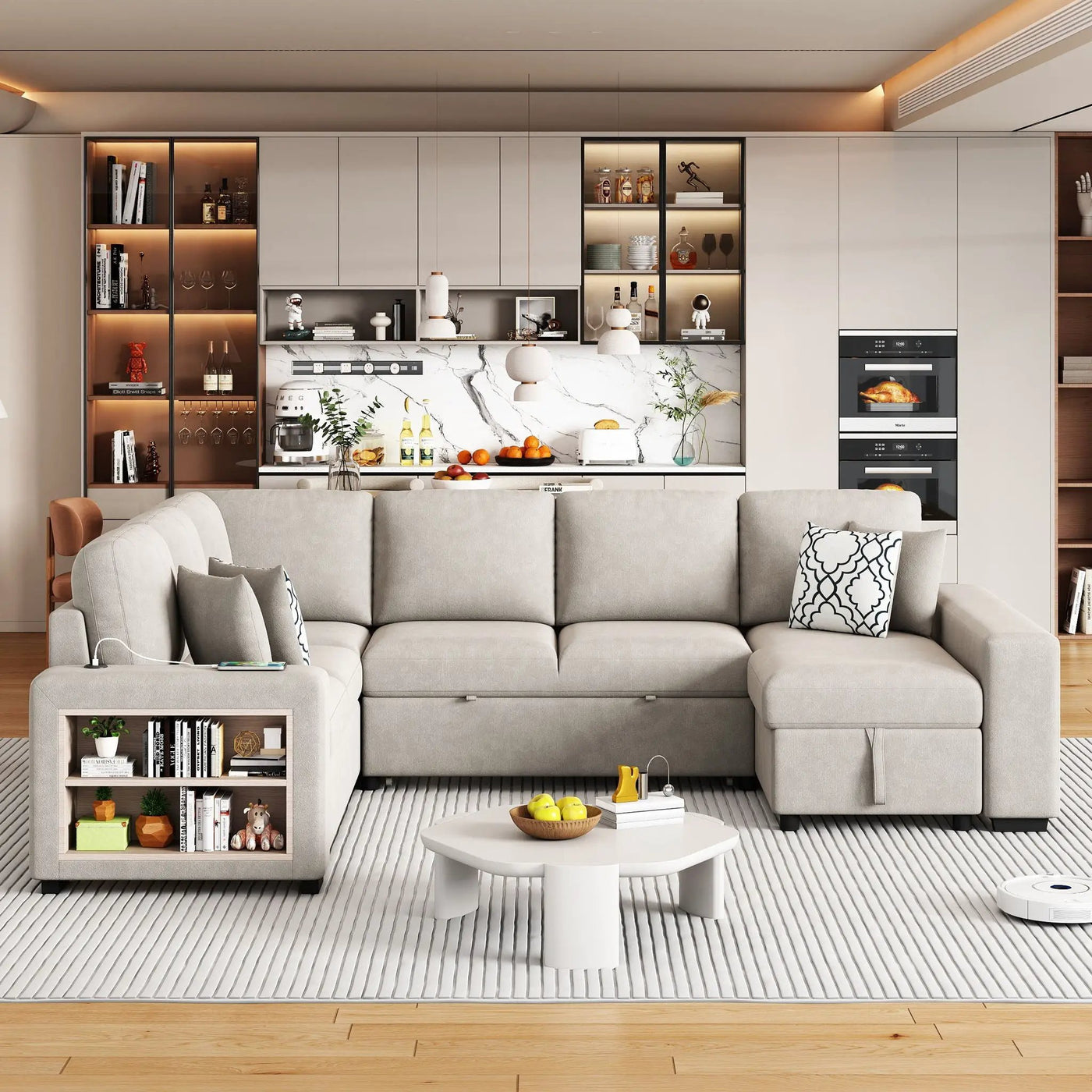 U-Shaped Sectional Sofa Pull-Out Sofa Bed With Two USB Ports, A Storage Chaise Lounge And Four Back Pillows For Living Room by Unique Piece Furniture