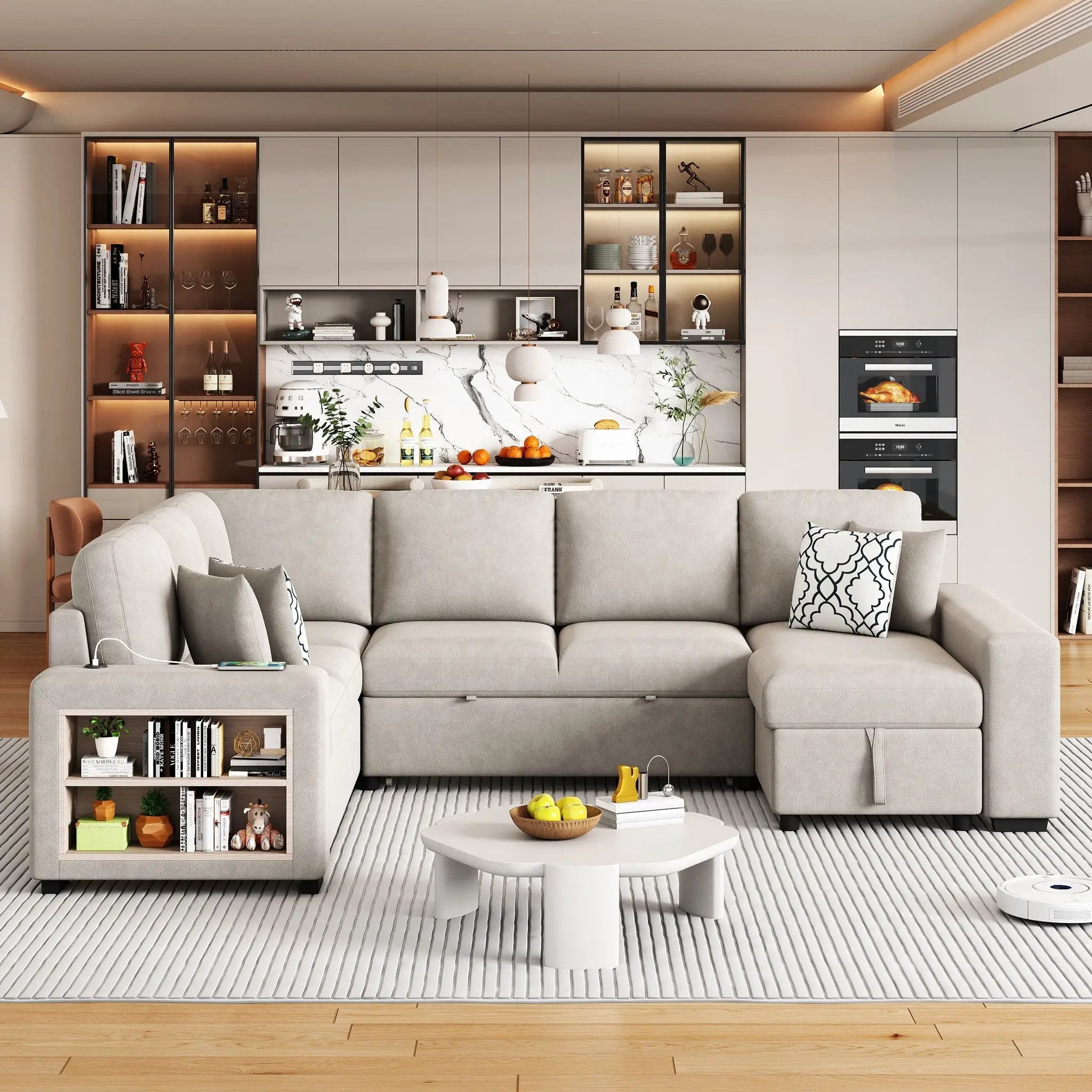 U-Shaped Sectional Sofa Pull-Out Sofa Bed With Two USB Ports, A Storage Chaise Lounge And Four Back Pillows For Living Room by HouseOfZazla