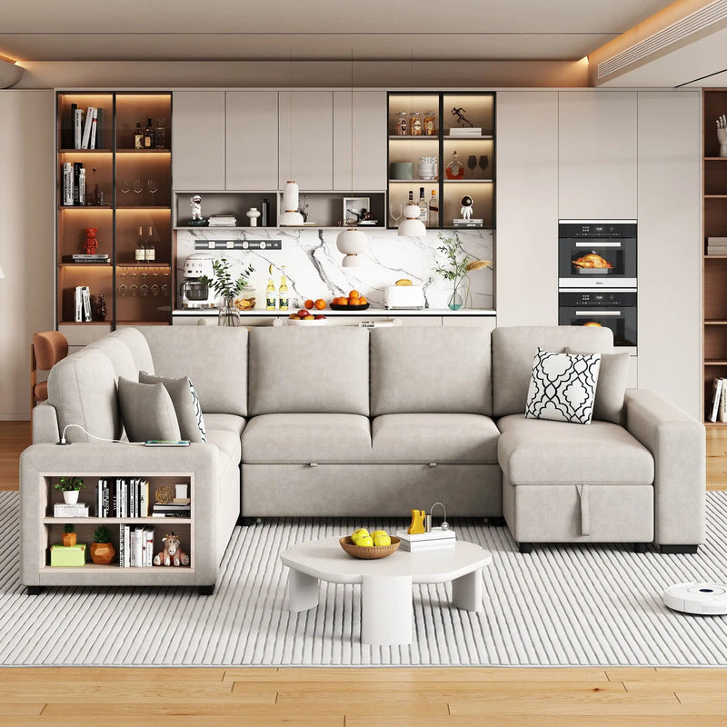 U-Shaped Sectional Sofa Pull-Out Sofa Bed With Two USB Ports, A Storage Chaise Lounge And Four Back Pillows For Living Room by HouseOfZazla