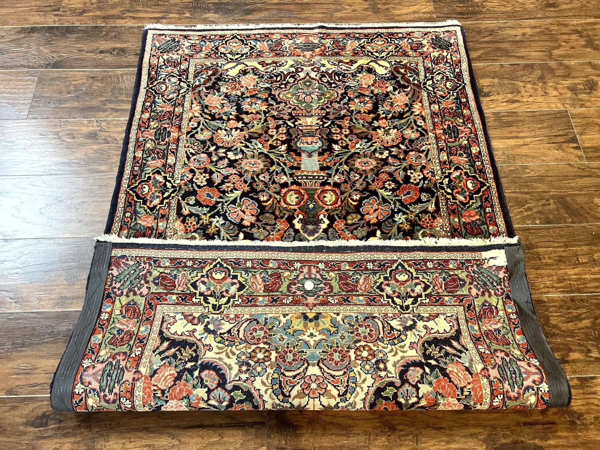 Persian Saoruk Rug 4x5, Navy Blue and Red, Floral, Antique Persian Wool Carpet, Handmade by Jewel Rugs