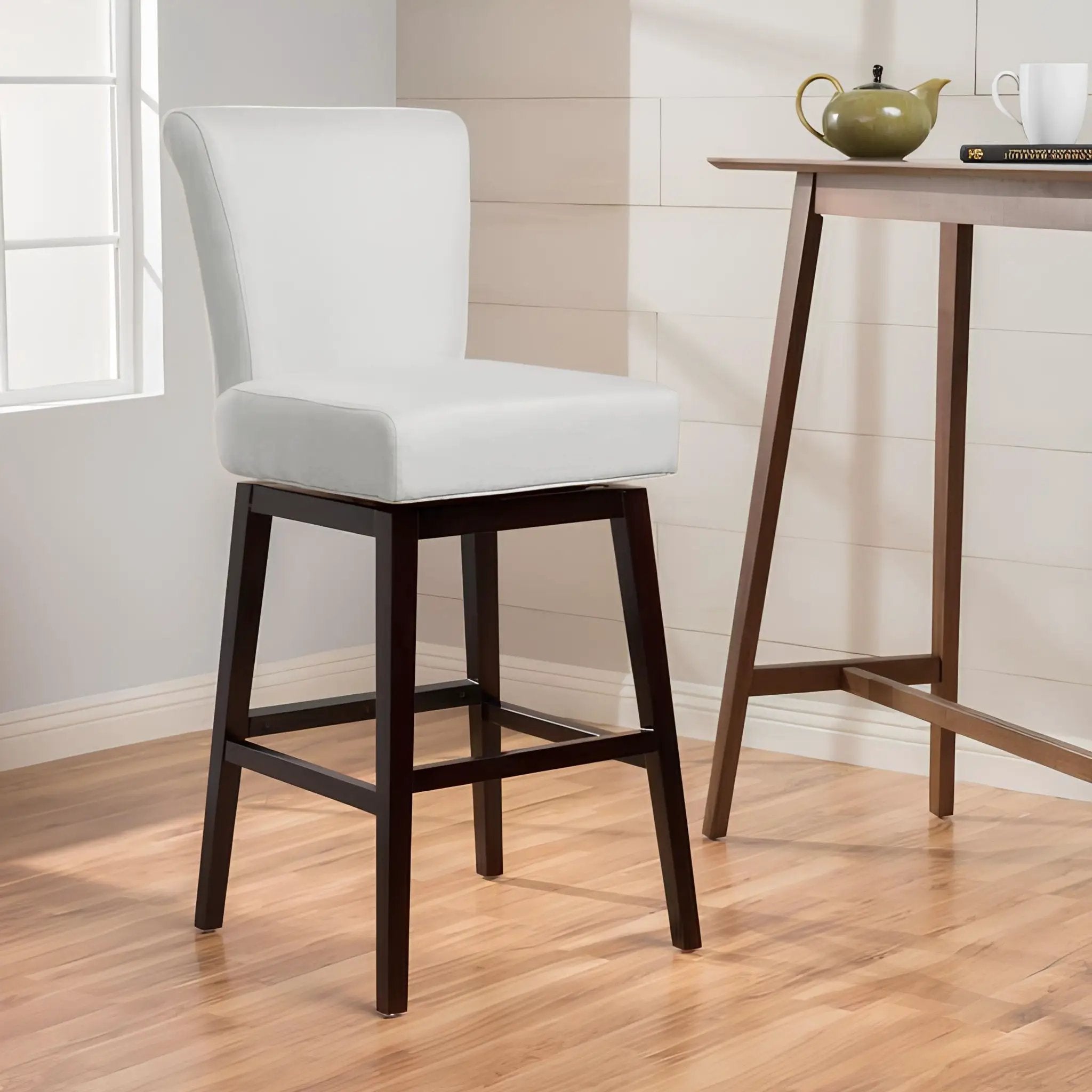Quicksilvered Upholstered Swivel Counter Stool With Wood Legs - Beige by HouseOfZazla