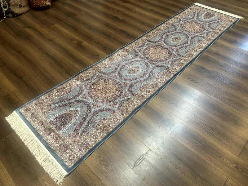 Turkish Silk Runner Rug 2.6 x 10, Light Blue Carpet, Bamboo Silk, New by Jewel Rugs