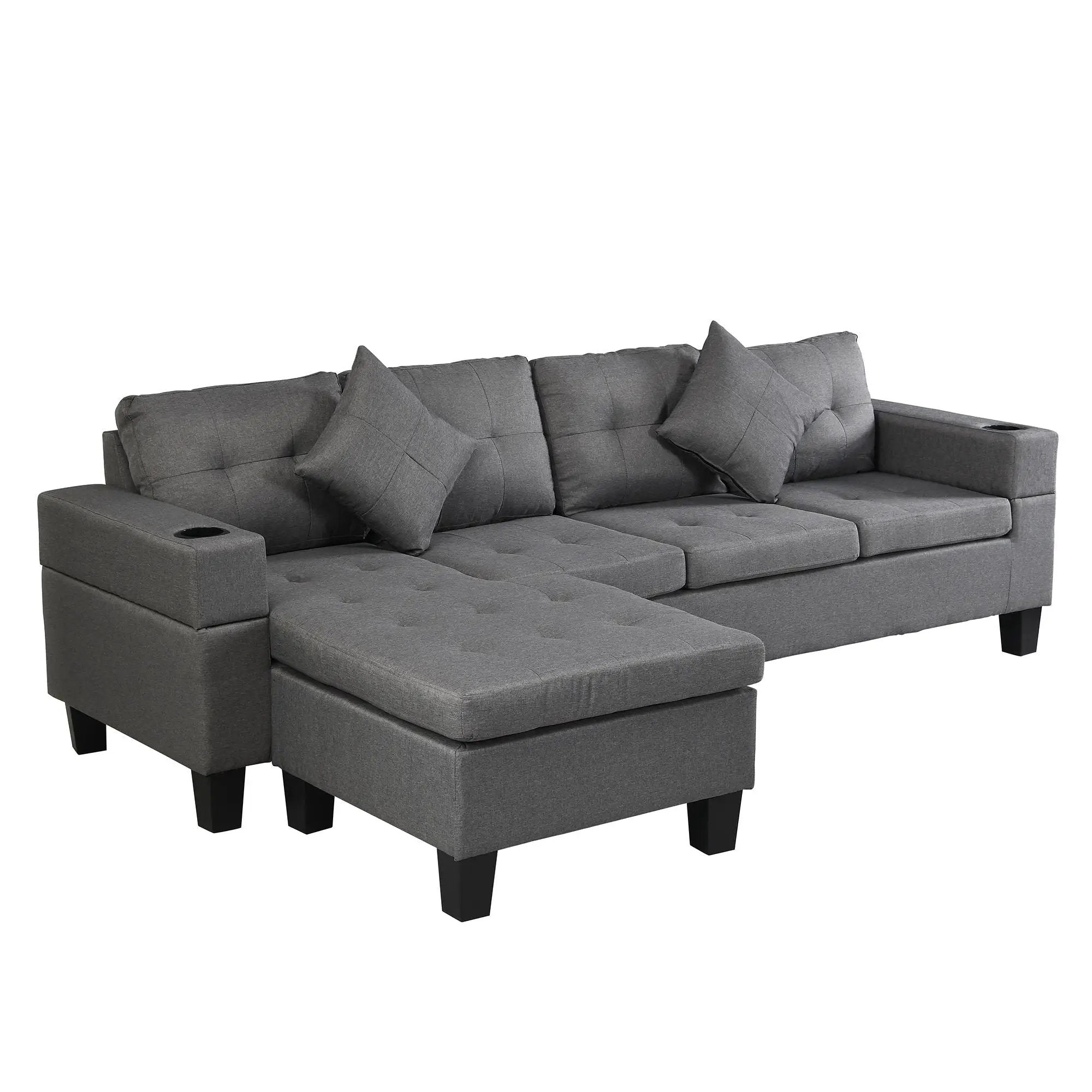 Modern Sectional Sofa Set With L Shape Chaise Lounge, Cup Holder, 4 Seat - Gray by HouseOfZazla