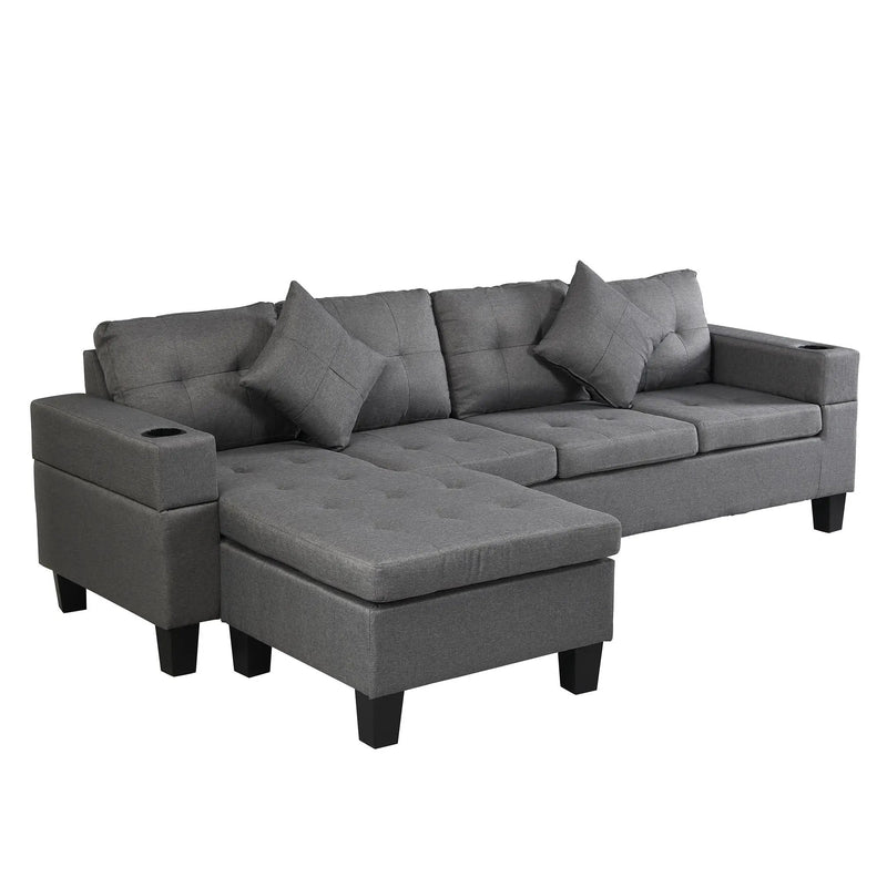 Modern Sectional Sofa Set With L Shape Chaise Lounge, Cup Holder, 4 Seat - Gray by HouseOfZazla