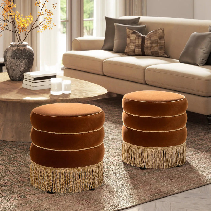 Edward 17.5" Round Upholstered Ottoman with Bullion Fringe Burnt by HouseOfZazla