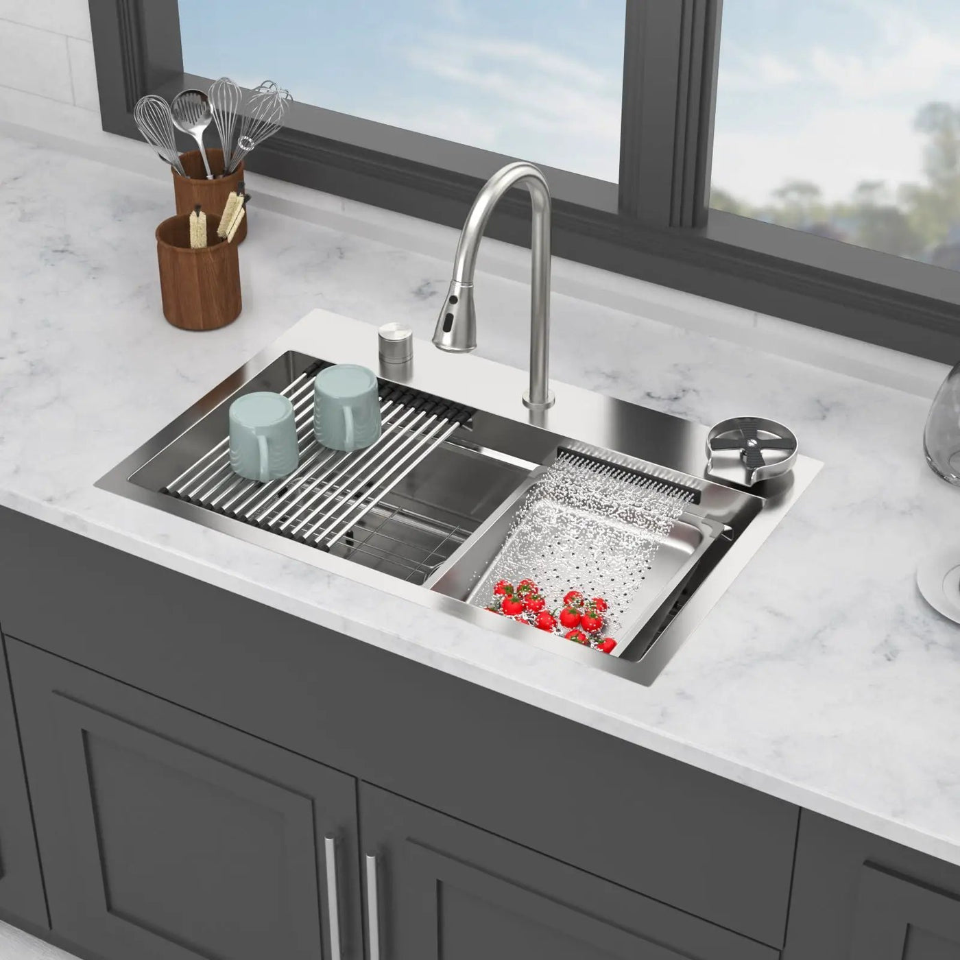 Drop In Waterfall Kitchen Sink With Pull-Out Faucet & Cup Washer by HouseOfZazla