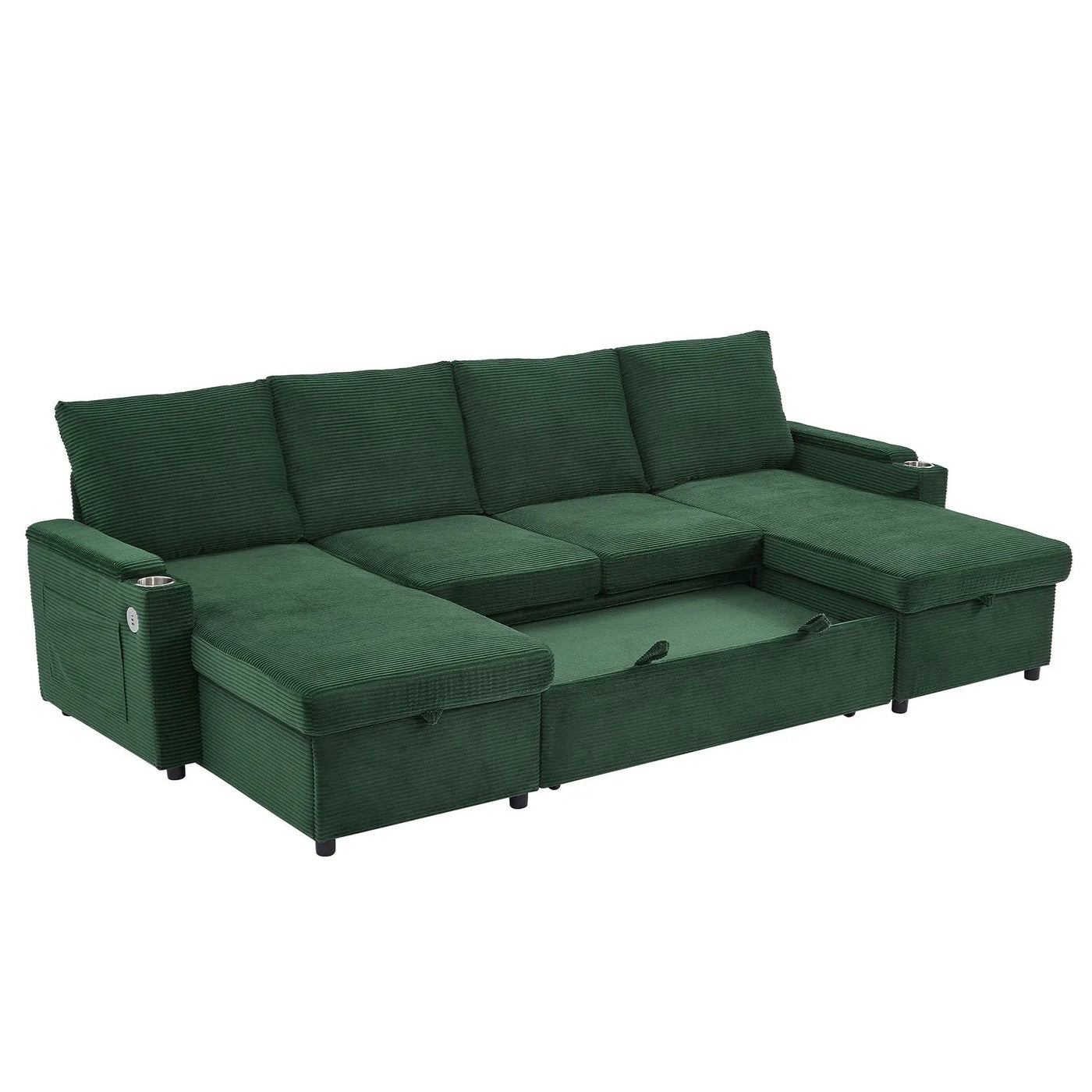 U Shaped Sectional Sofa Bed With Storage Chaise Lounges, USB Ports, And Cup Holders by HouseOfZazla