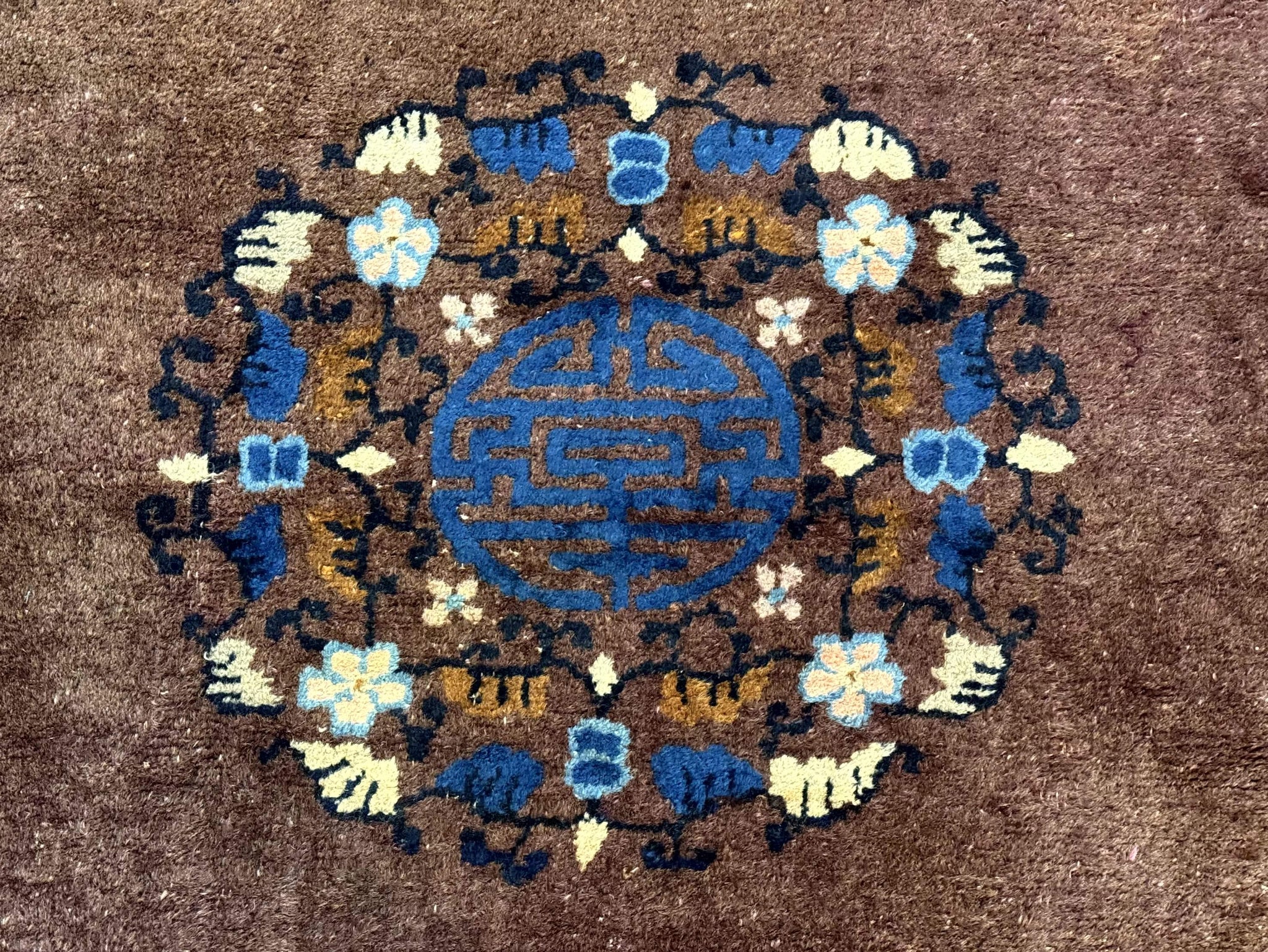 Antique Chinese Wool Rug 9x11, Large Chinese Art Deco Rug, Peking Rug, Brown and Blue, Open Field, Fete Rug by Jewel Rugs