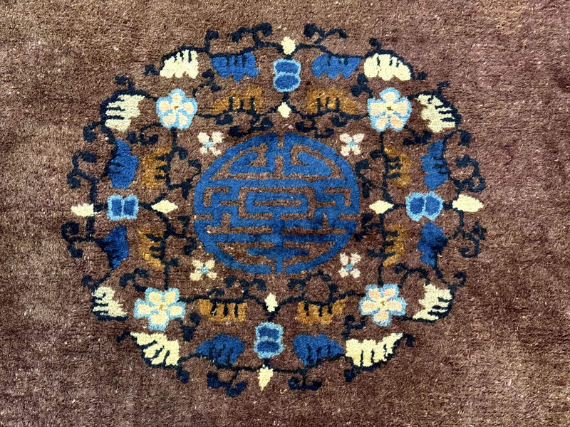 Antique Chinese Wool Rug 9x11, Large Chinese Art Deco Rug, Peking Rug, Brown and Blue, Open Field, Fete Rug by Jewel Rugs