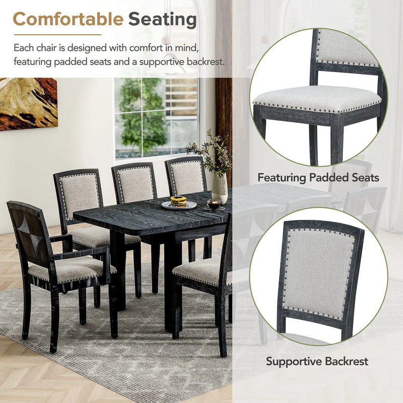Topmax - Rustic Extendable Dining Table Set With Removable Leaf, 6 Upholstered Armless Dining Chairs And 2 Padded Arm Chairs, 9 Pieces by HouseOfZazla