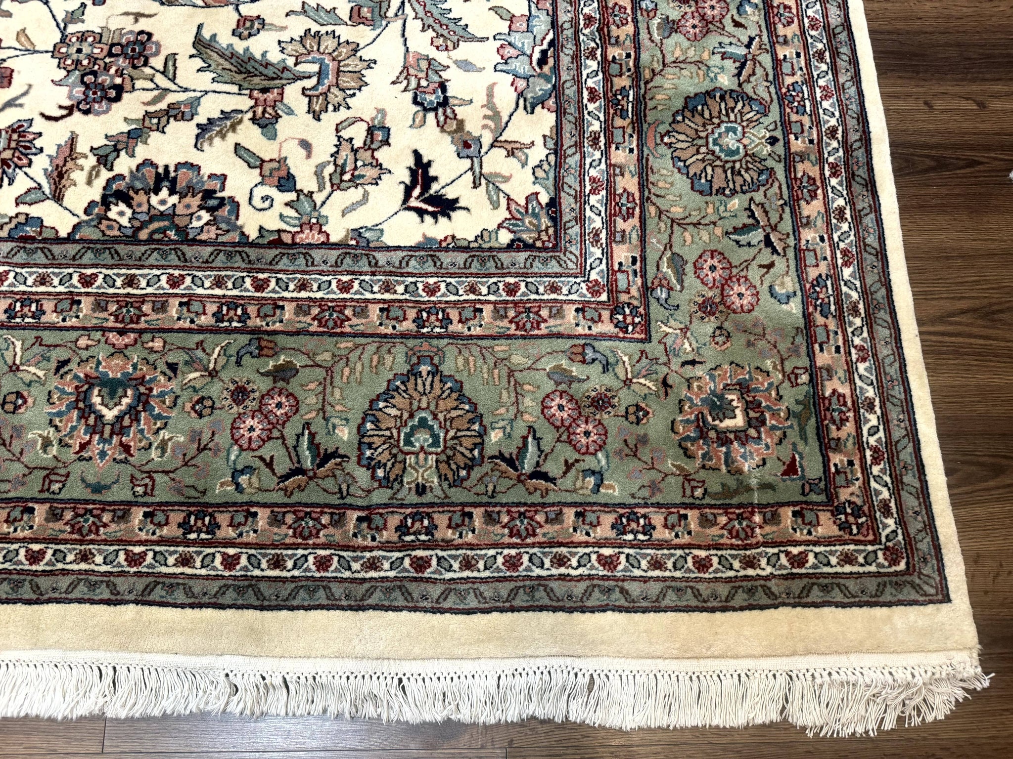 Indo Persian Rug 9x12, Allover Floral Pattern, Ivory & Green, Traditional Oriental Carpet by Jewel Rugs